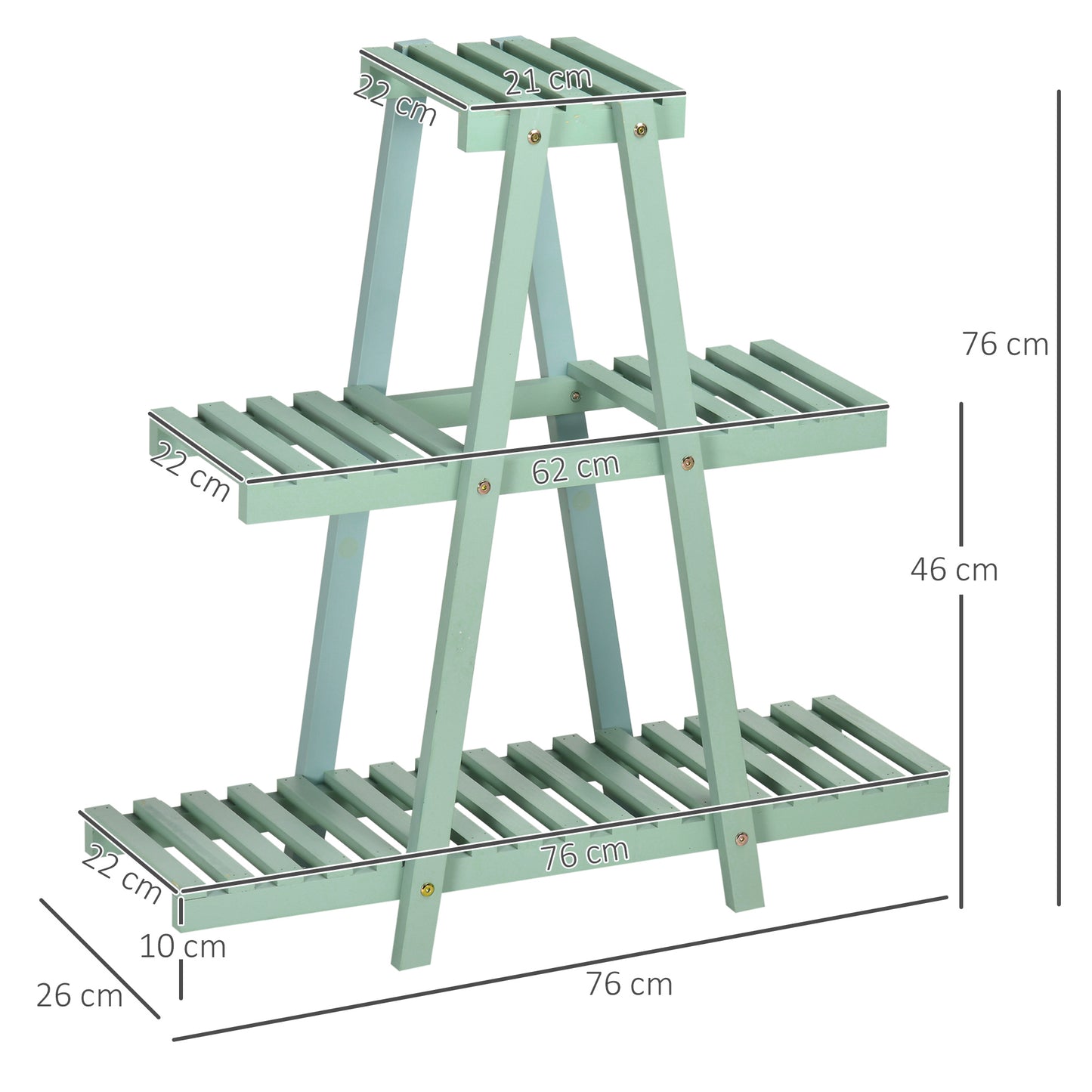 Outsunny 3-laags plantenstandaard, voor 6 bloempotten, weerbestendig, 76 cm x 26 cm x 76 cm, lichtgroen