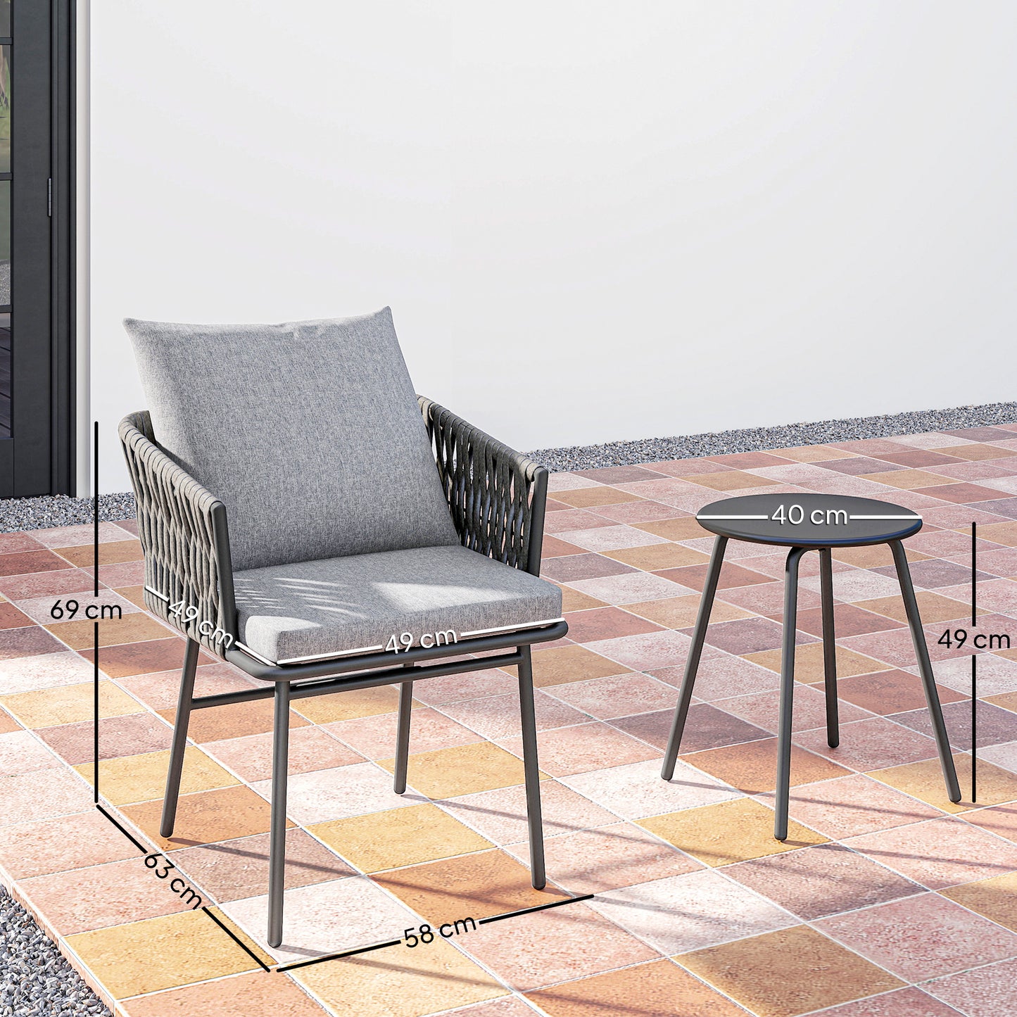 Outsunny 3-delige tuinmeubelset, 2 stoelen, 1 tafel, bistroset, kunstrotan, stalen frame, metalen tafel, 4 kussens, grijs