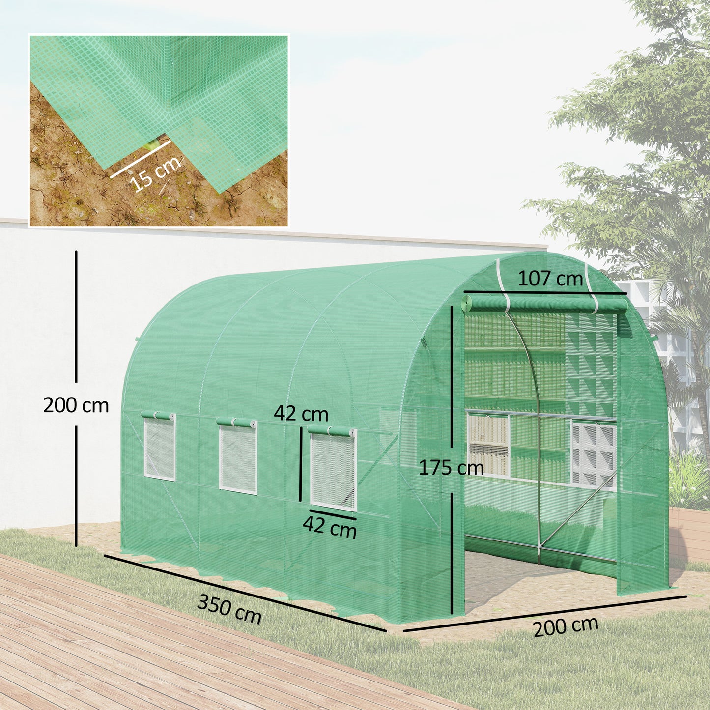 Outsunny Greenhouse 350x200x200cm, Foil Greenhouse, Tomato Greenhouse with Door, 6 Windows, Foil Tunnel Made of Galvanized Steel, PE, Sturdy Greenhouse Plant Tunnel, Incl. Ground Anchors and Ropes, Green