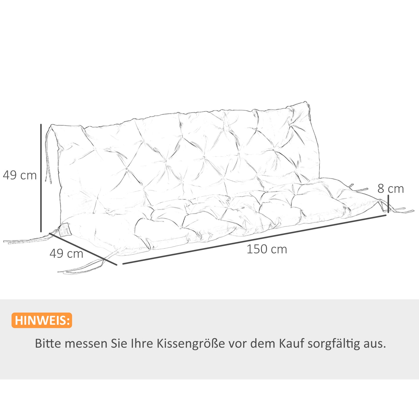 Outsunny 3-zits bankkussen, 150x98x8 cm, bankkussen met banden, bankkussen voor tuinmeubelen, Hollywood schommel, khaki
