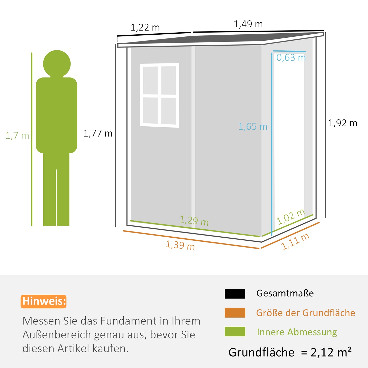 Outsunny Gartenhaus, Tür mit Schloss, Fenster für Tageslicht und Belüftung, Aluminium, 122 x 149 x 192/177 cm, grau