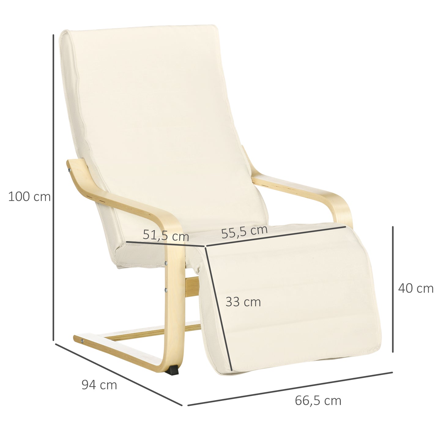 HOMCOM Liege mit Kissen, 5-fach verstellbarer Fußstütze, Birkenholz, bis 120 kg, 66,5 x 94 x 100 cm, cremeweiß