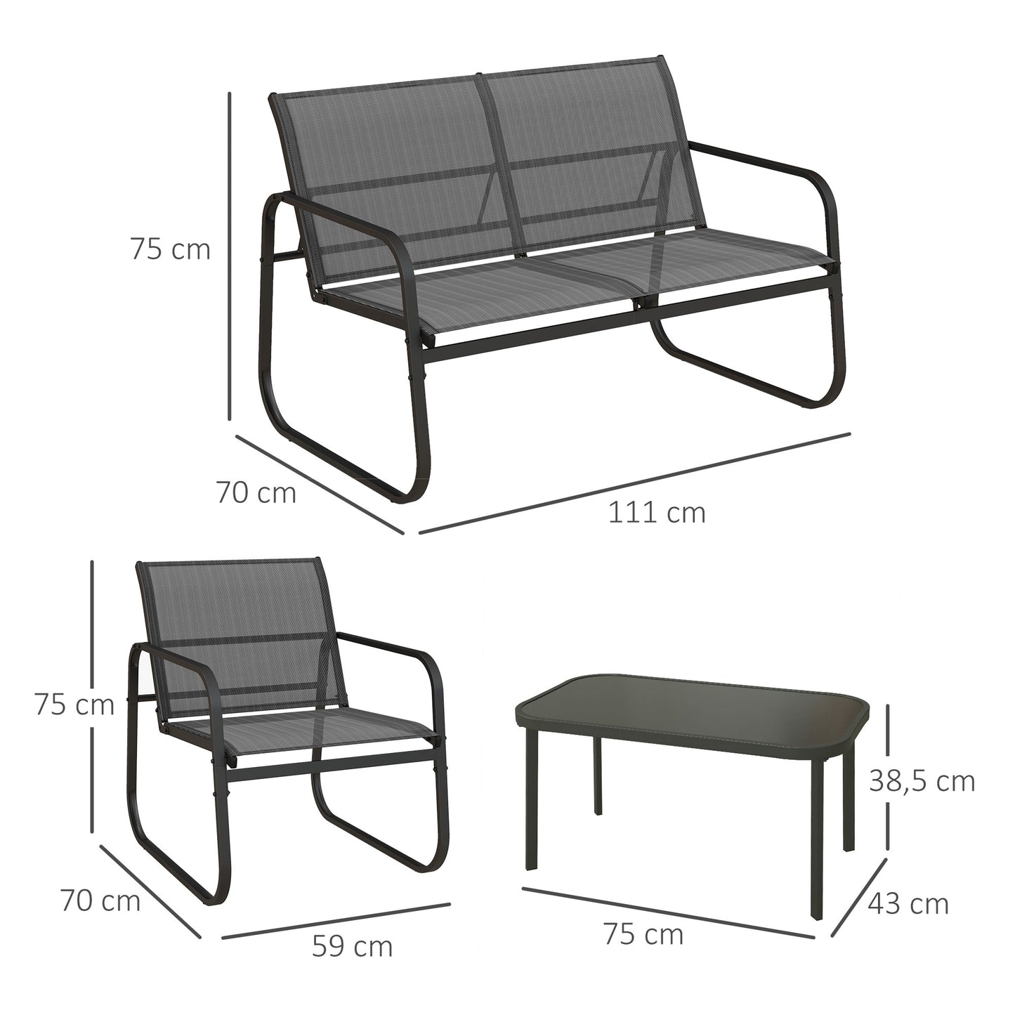 Outsunny 4-piece garden furniture set, 2 armchairs, 2-seater sofa, table with glass top, breathable fabric, metal frame, black
