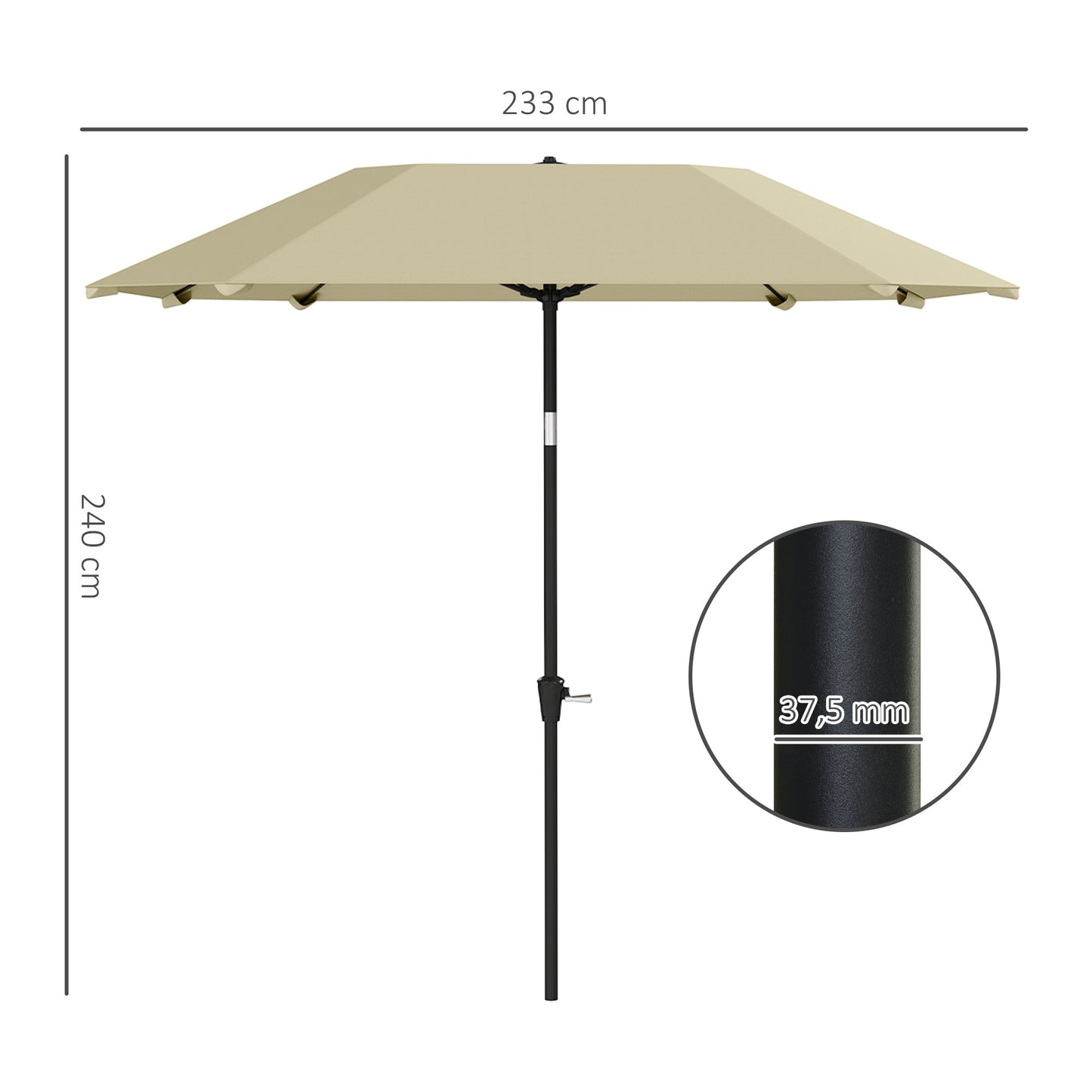 Outsunny Sonnenschirm, 2,3 m, ohne Ständer, verstellbarer Terrassenschirm mit Kurbel, Polyester, Aluminium, Fiberglas, beige