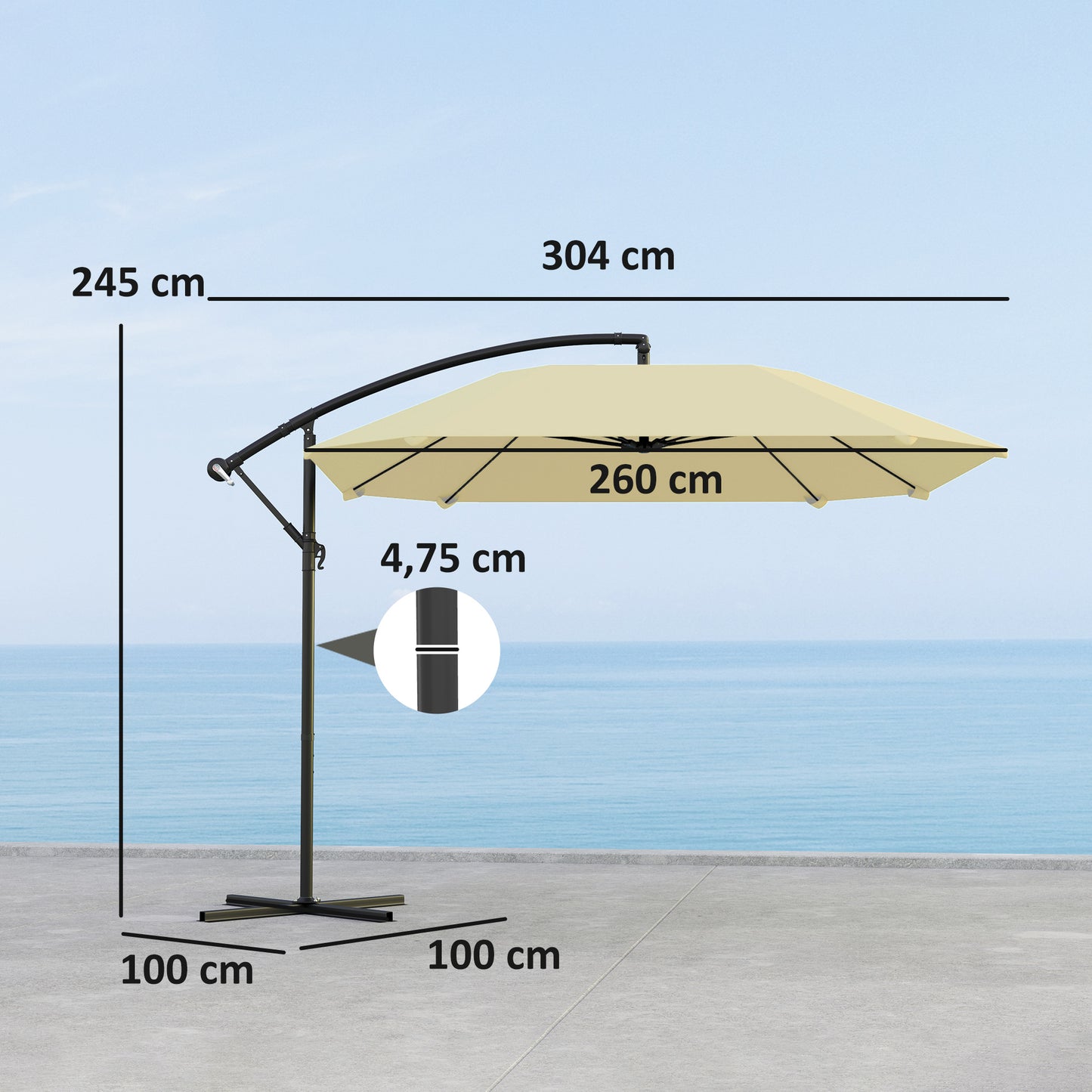 Outsunny Aluminium-Drehsonnenschirm Ø 260 cm, wasserdicht, mit Ständer, Kurbel, Beige