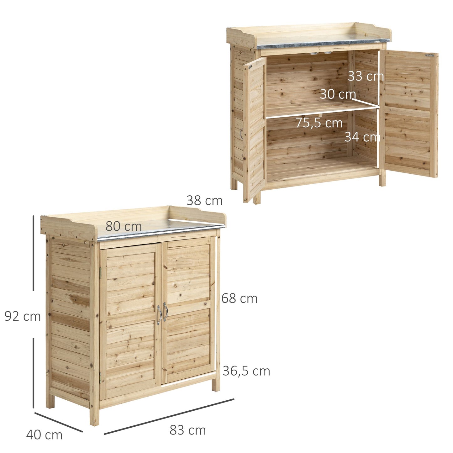 Outsunny garden shed with 2 compartments, metal worktop with raised edge, natural wood, 83 x 40 x 92 cm