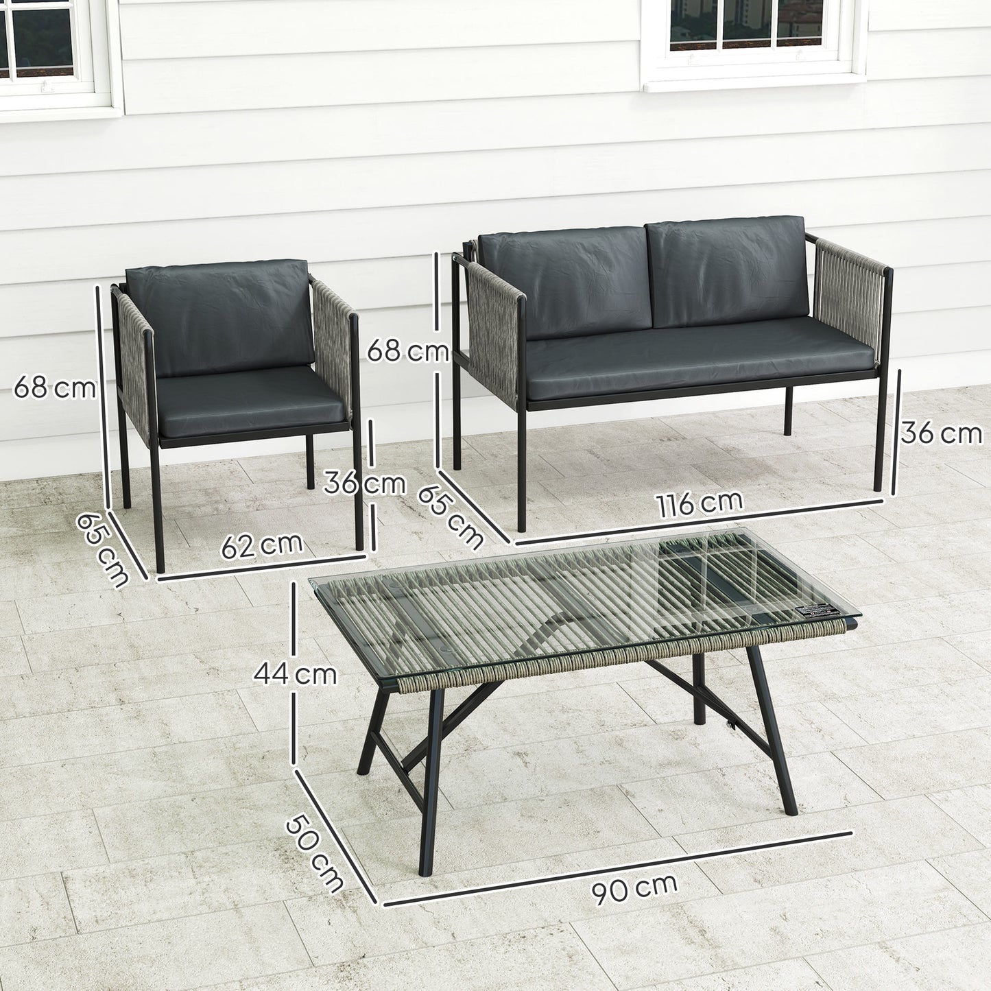 Outsunny 4-delige tuinset, 1 bank, 2 fauteuils, 1 tafel met glazen blad, kussens, stalen frame, kunststof rotan, grijs