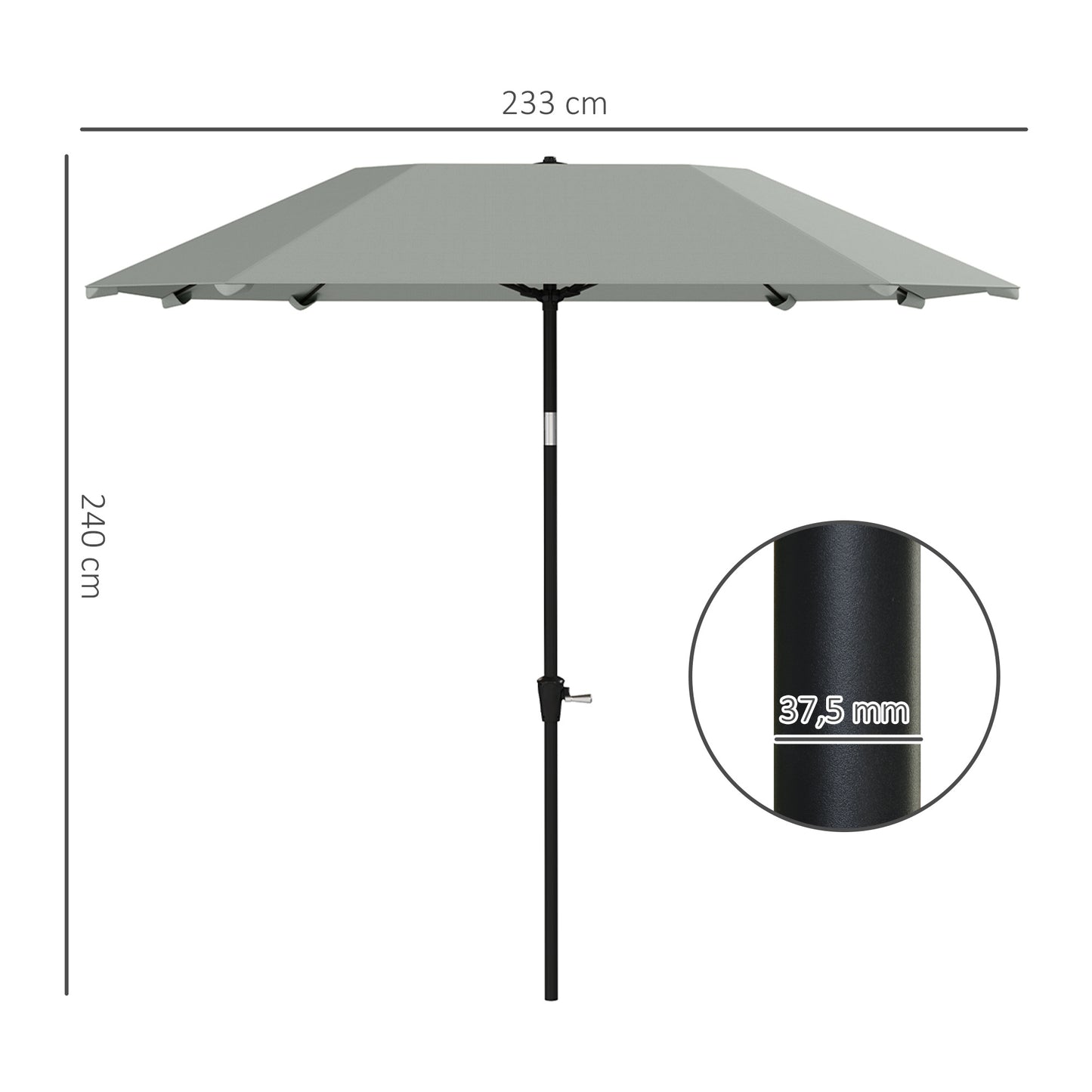Outsunny Sonnenschirm, 2,3 m, ohne Ständer, verstellbarer Terrassenschirm mit Kurbel, Polyester, Aluminium, Fiberglas, dunkelgrau