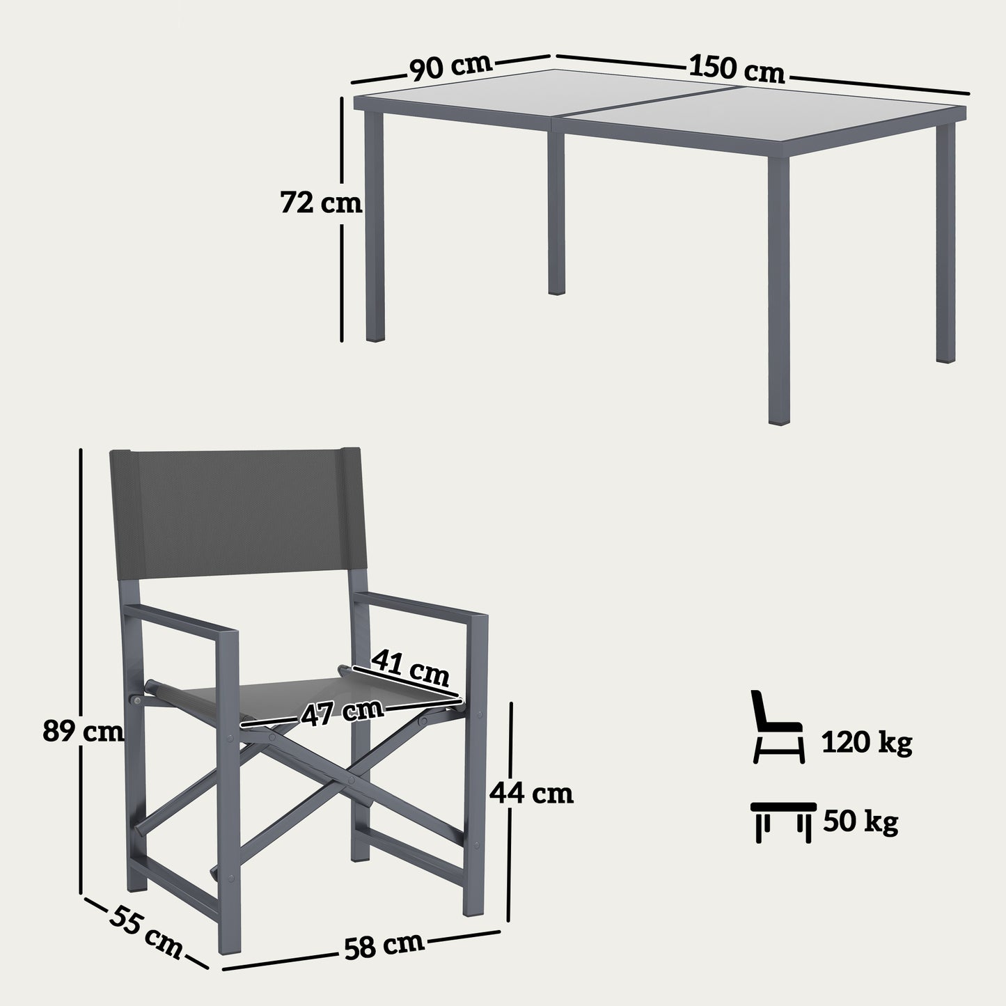 Outsunny 5-teilige Essgruppe, Stahl, für 4 Personen, Esstisch mit 4 Klappstühlen, Glastisch, grau