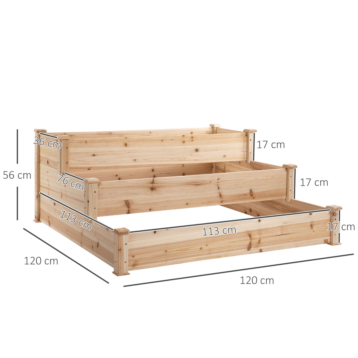 Outsunny Raised Garden Bed, 3-Tier, Plant Bed, Herb Bed, Flower Step for Balcony, Garden, Natural Pine Wood, 120 x 120 x 56 cm