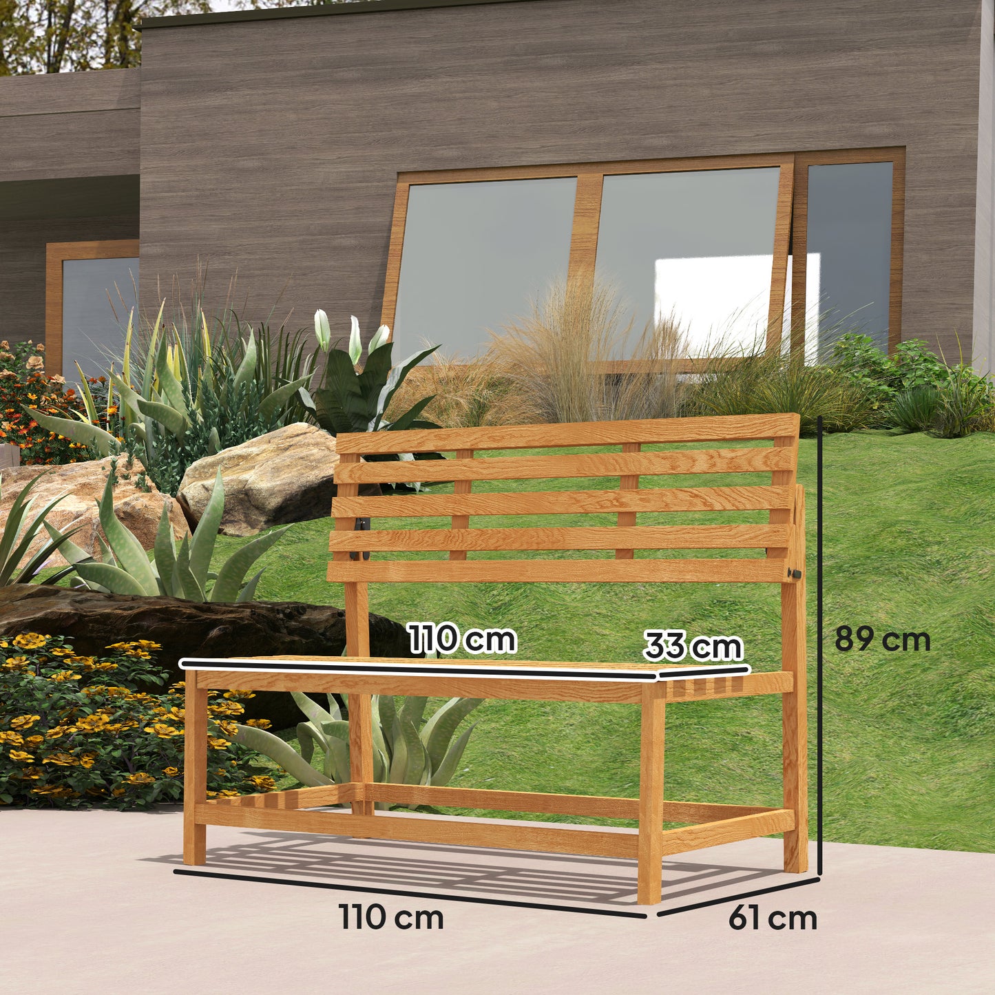 Outsunny 2-zits houten tuinbank, weerbestendig, UV-bestendig tuinmeubel met omkeerbare rugleuningen, 110x61x89cm, teak