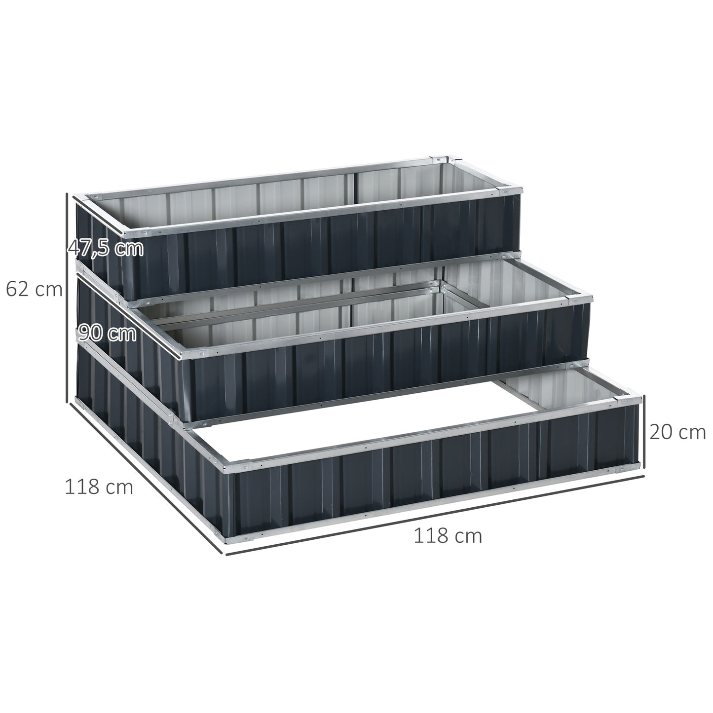 Outsunny Hochbeet aus Stahl, 3-stöckig, mit T-förmigen Pflanzenetiketten, Handschuhen, Pflanzgefäß, Kräuterkasten und Blumenleitern für Balkon und Garten, dunkelgrau, 118 x 118 x 62 cm