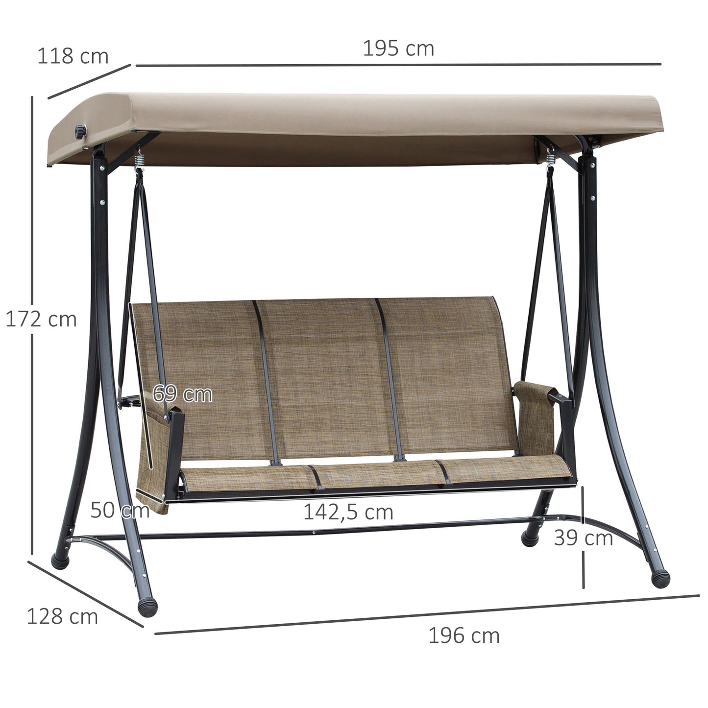 Outsunny 3-Sitzer Hollywood-Schaukel, Gartenschaukel mit Sonnenschirm, Schaukelbank mit Stauraum, Aluminium, 196 x 128 x 172 cm, braun