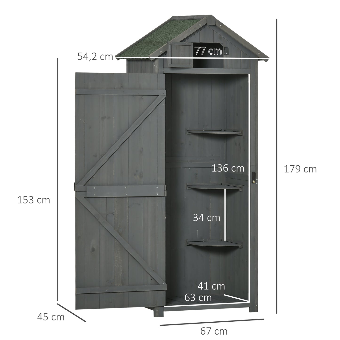 Outsunny Gartenhaus aus Holz, wetterfester Geräteschuppen 77 x 54,2 x 179 cm, Gartenhaus mit Tür, Satteldach, Geräteschrank mit Regalen, Gartenhaus für Garten und Terrasse, grau + grün