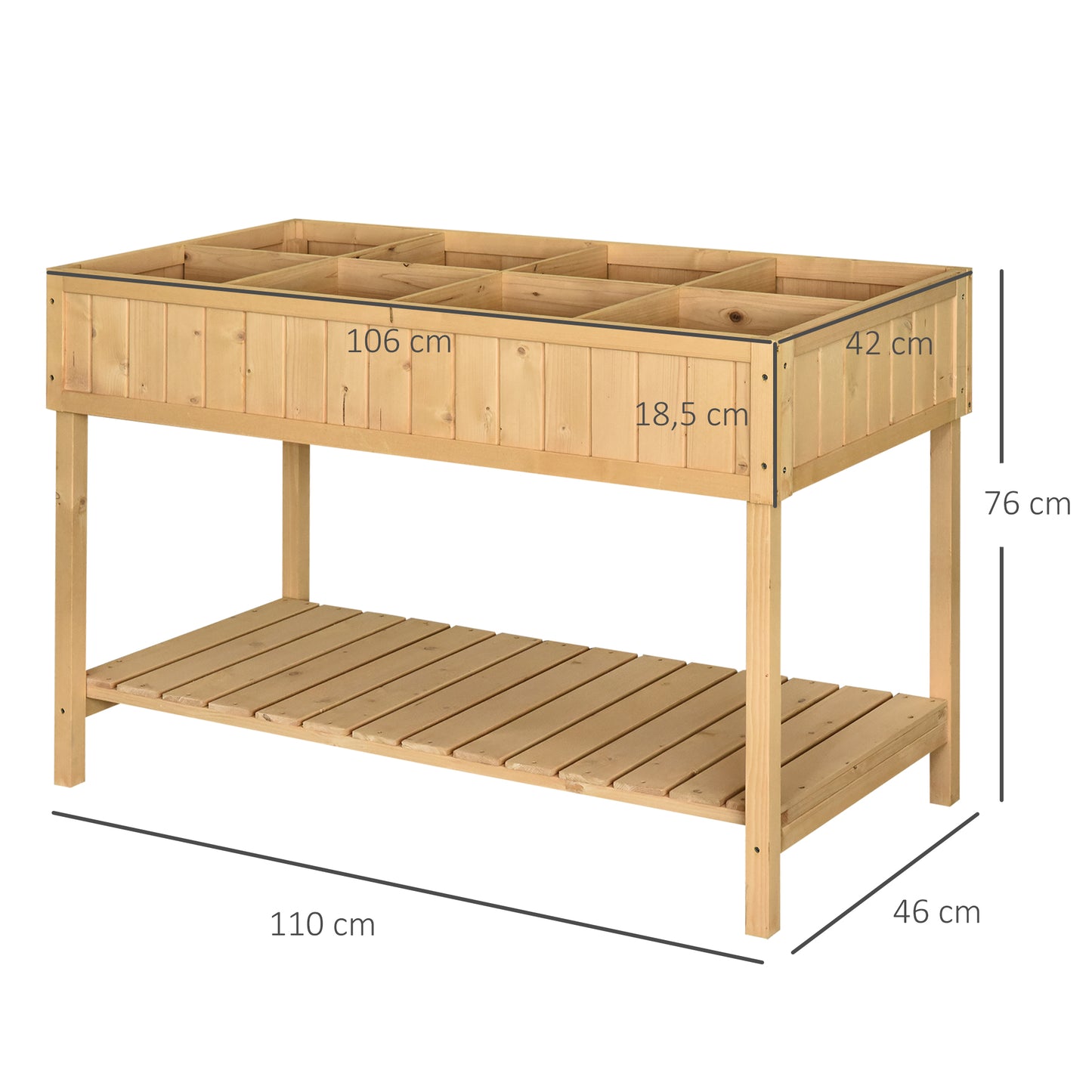 Outsunny Hochbeet, 8 Fächer, Pflanztisch, Blumenkasten, Kiefernholz, 1 Ablage + Drainage