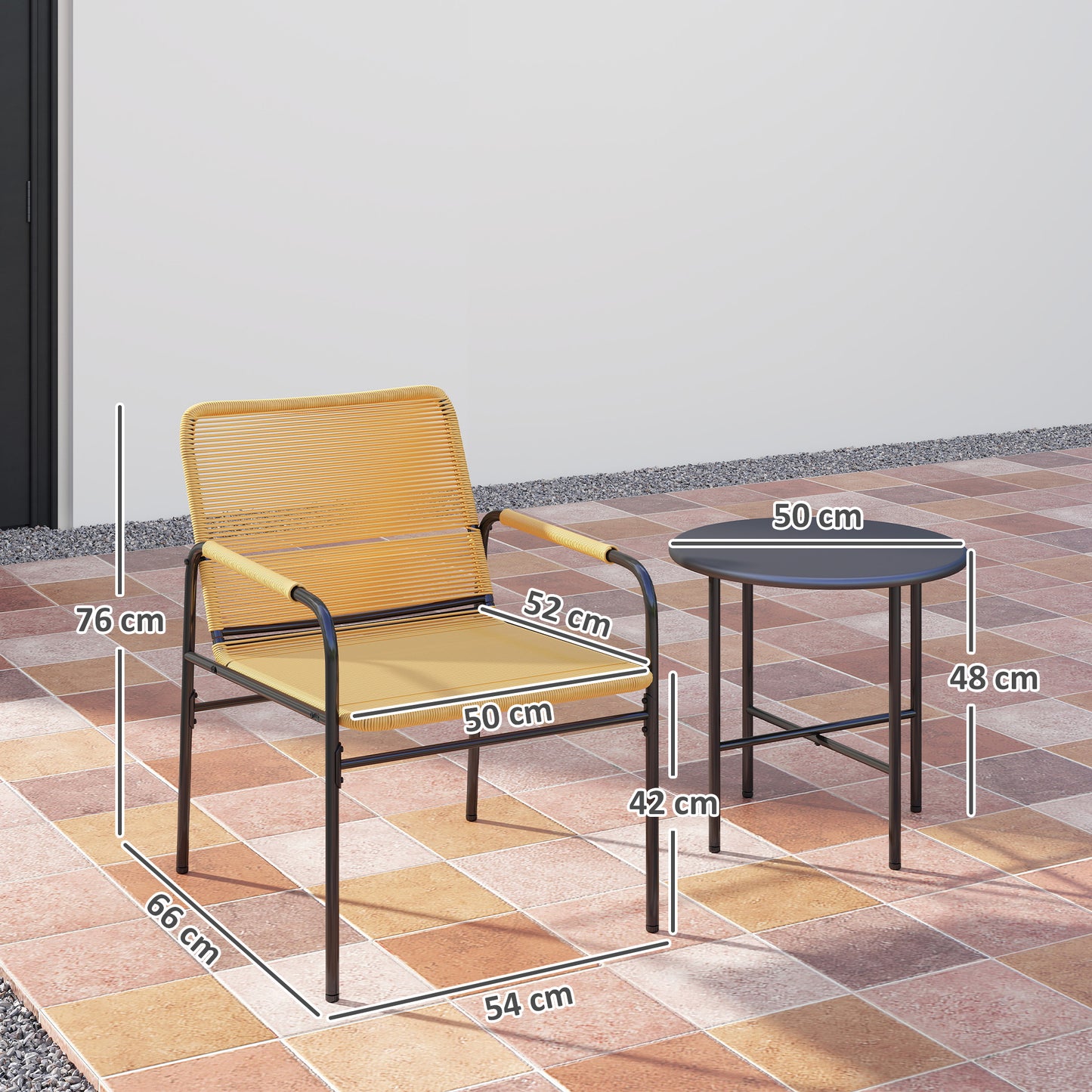 Outsunny 3-delige rotan bistroset, zitgroep, tuinmeubelset met 2 tuinstoelen, salontafel 54 x 66 x 76 cm Geel