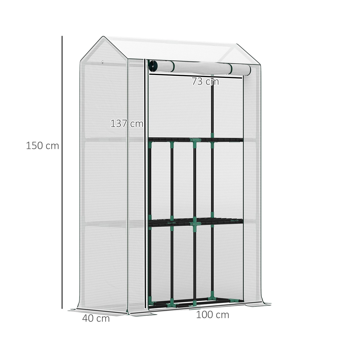 Kas Outsunny met 3-laags schap, UV-bestendige kunststof afdekking, roldeur, 100 x 40 x 150 cm, wit