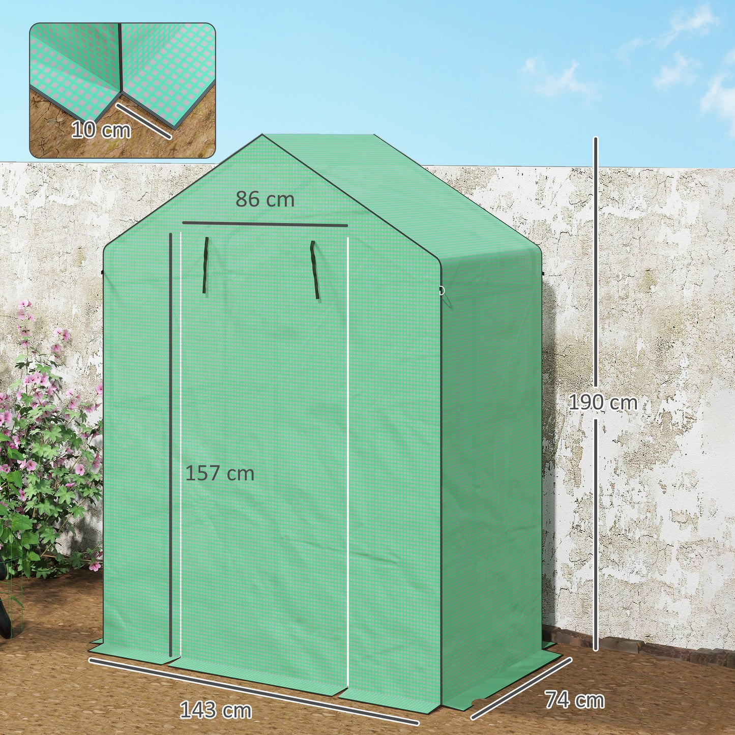 Outsunny Kas met planken, mini-kas, uv-bestendig, gaasraam, ritssluiting, 143L x 74B x 190H cm, groen