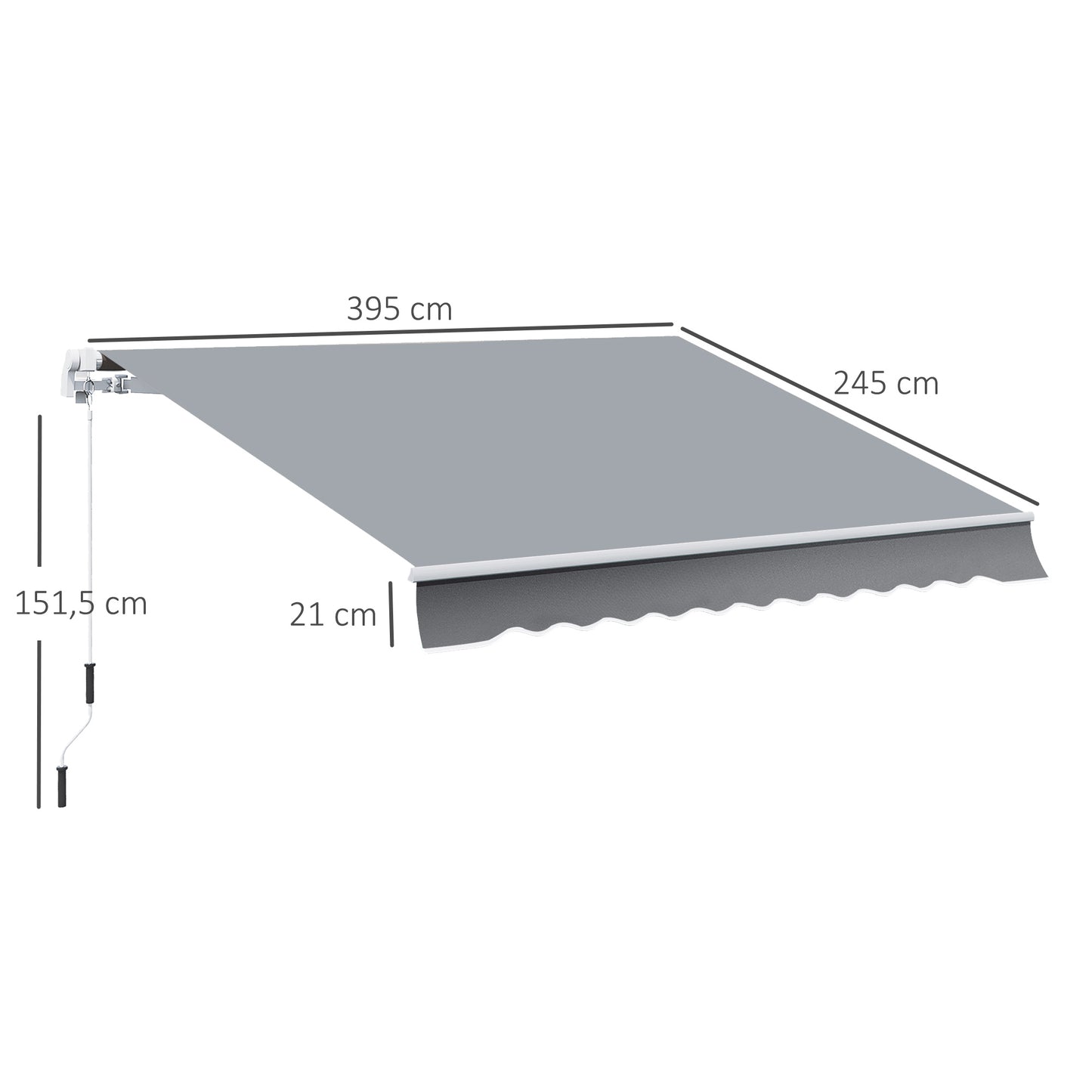 Outsunny zonnescherm, 3,95 x 2,45 m, zonwering, uitschuifbaar, met handzwengel, metalen frame, polyester, grijs/wit