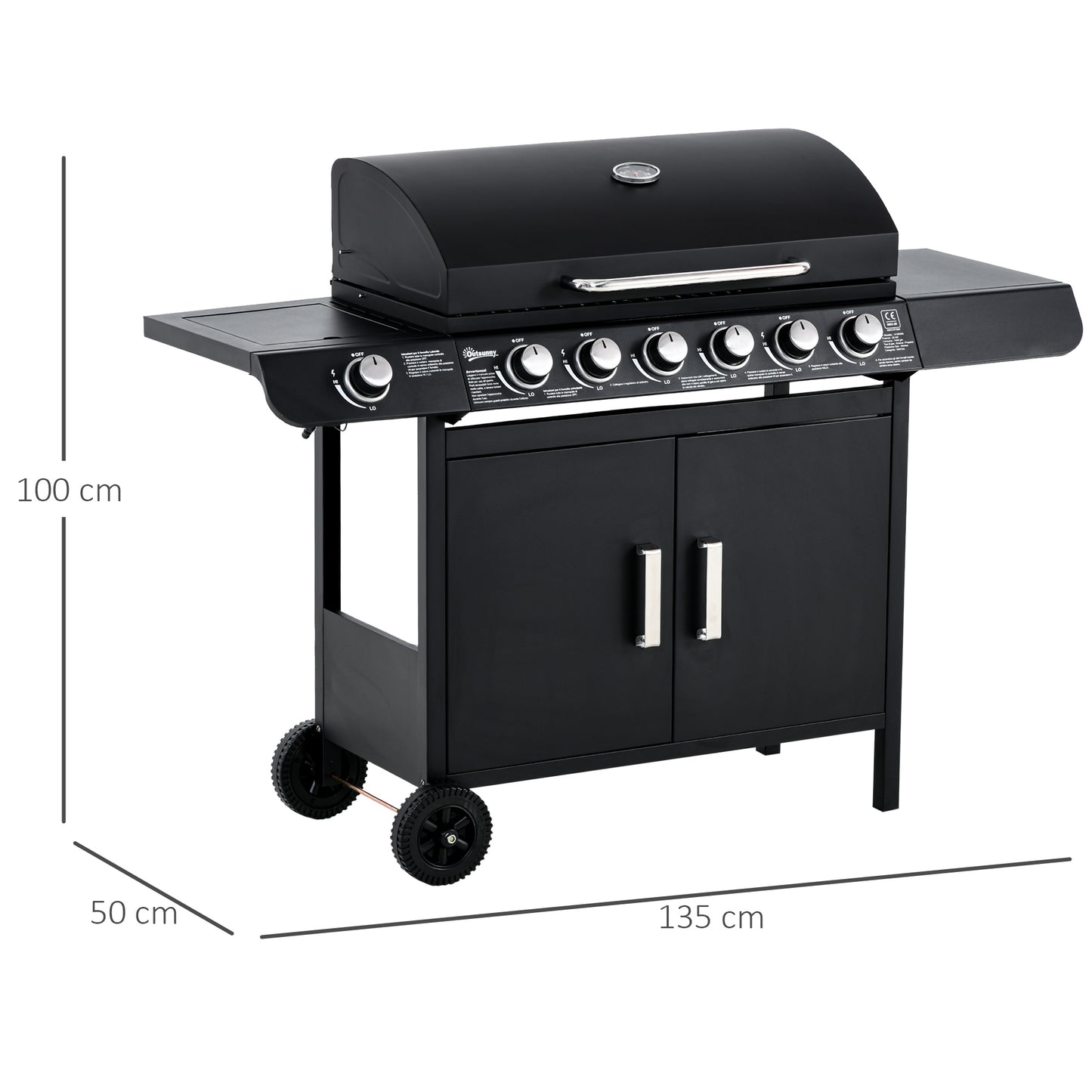 Outsunny 7-Brenner-Gasgrill, inklusive Thermometer, BBQ-Grill, tragbarer Grill, schwarz