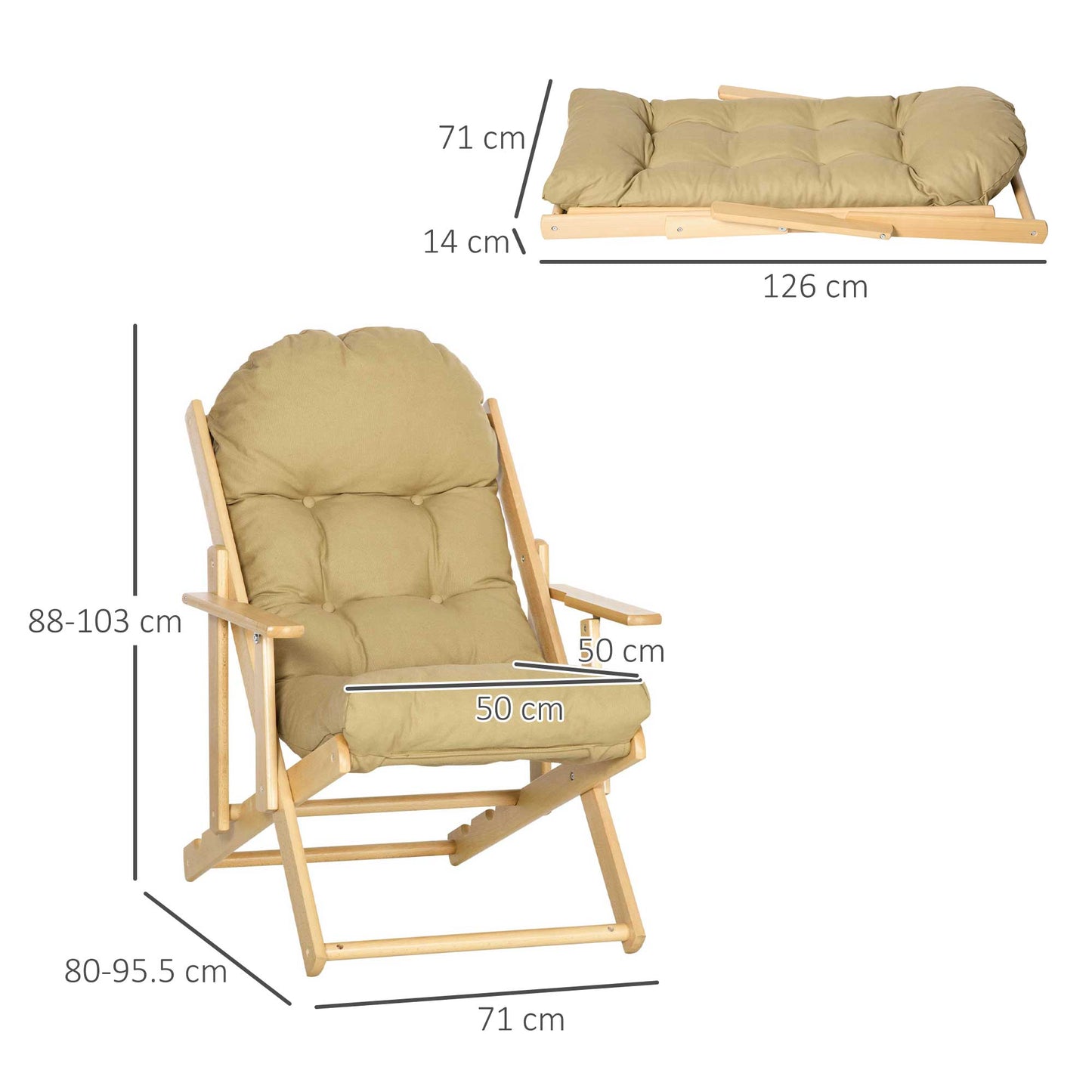 HOMCOM Akzentstuhl, Relaxsessel, verstellbare Rückenlehne, Gestell aus Buchenholz, bis 120 kg, braun