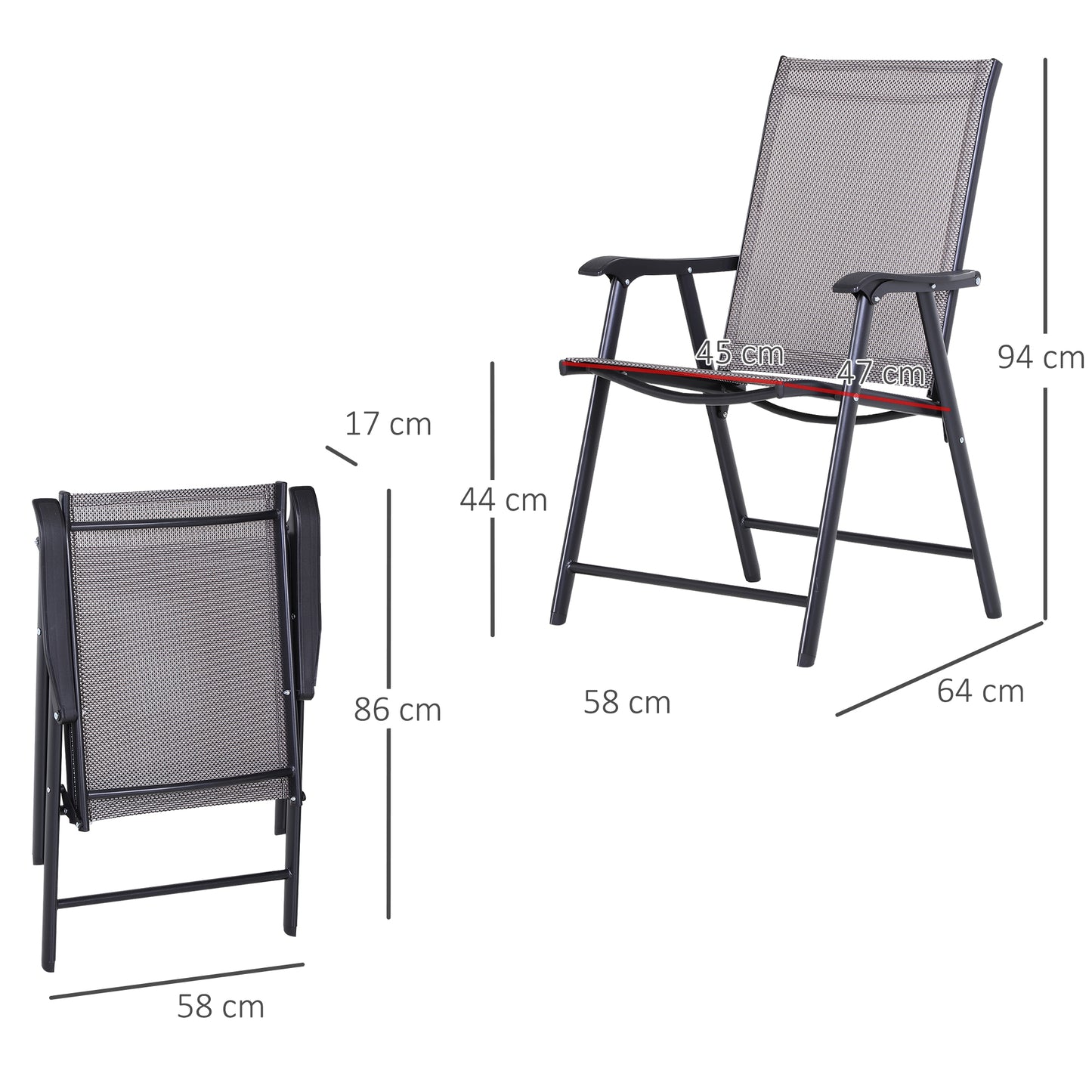 Outsunny opvouwbare stoel met armleuningen, set van 2, kampeerstoel, visstoel, metaal, grijs, 58 x 64 x 94 cm