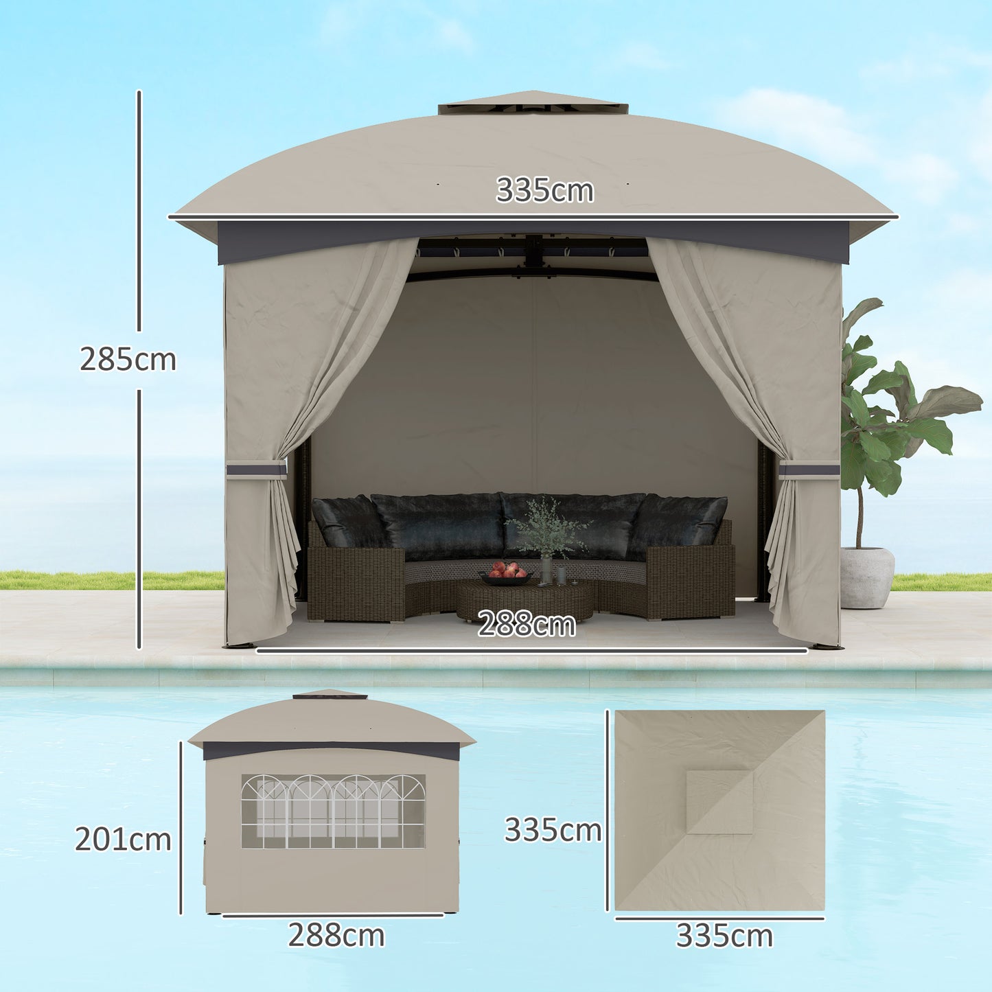 Outsunny Gartenpavillon, 3,4 x 3,4 m, Bierzelt mit belüftetem Dach, Bogenfenstern, Stahlrahmen, hellgrau