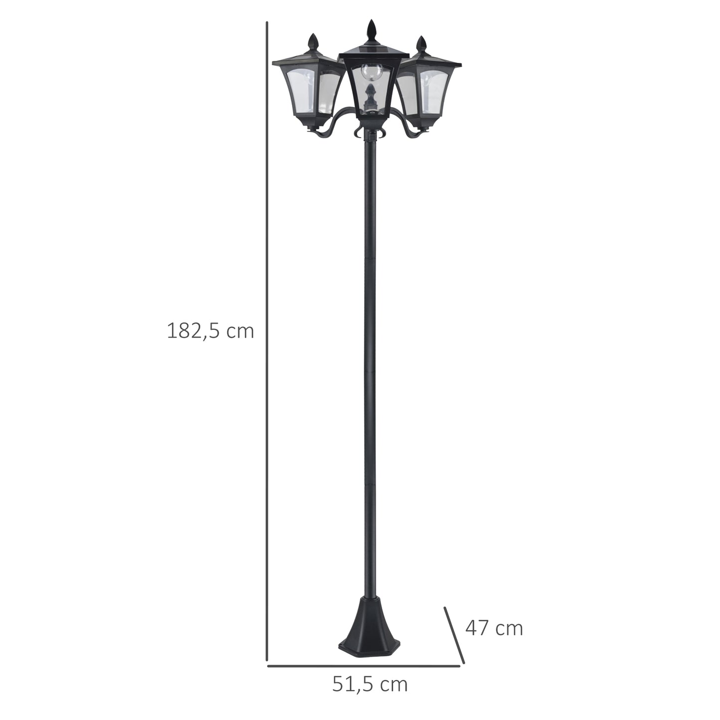 Outsunny Solar-Gartenlaterne mit 3 Lampen, Edelstahlstange, 120 Lumen LED, 51,5 x 47 x 182,5 cm, Schutzart IP44, für Garten und Balkon, Schwarz