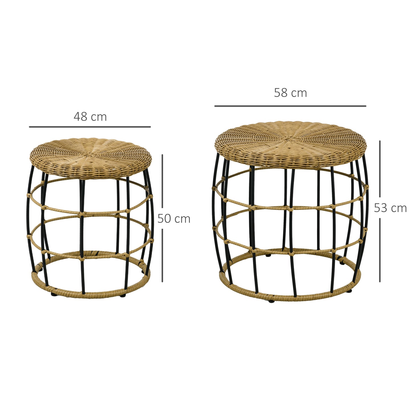 Outsunny 2-delige set tuin-/balkontafels, boho-stijl, weerbestendig, zwart + khaki