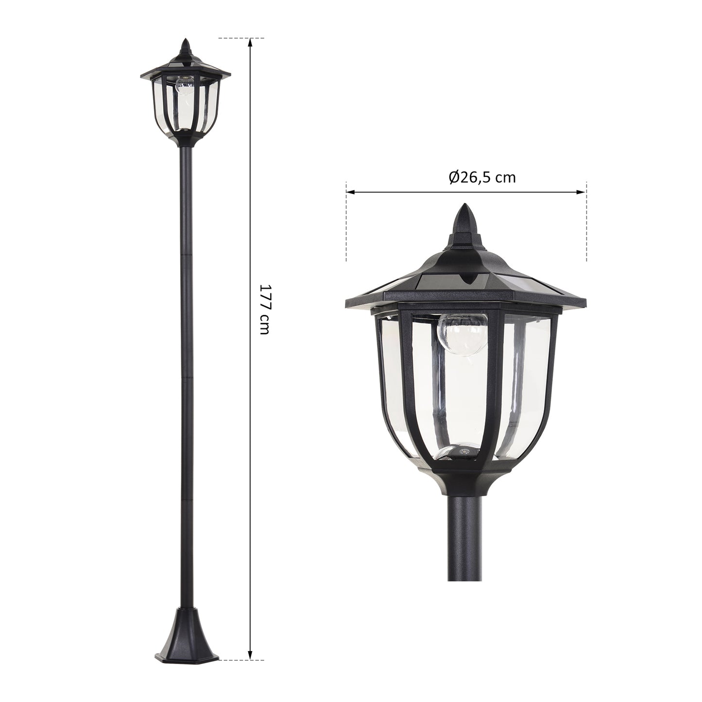 Outsunny Solar-LED-Gartenlaterne, Kunststofflaterne, Außenleuchte für den Innen- und Außenbereich, 177 cm hoch, 30/60 Lumen, für Garten und Balkon, Schwarz