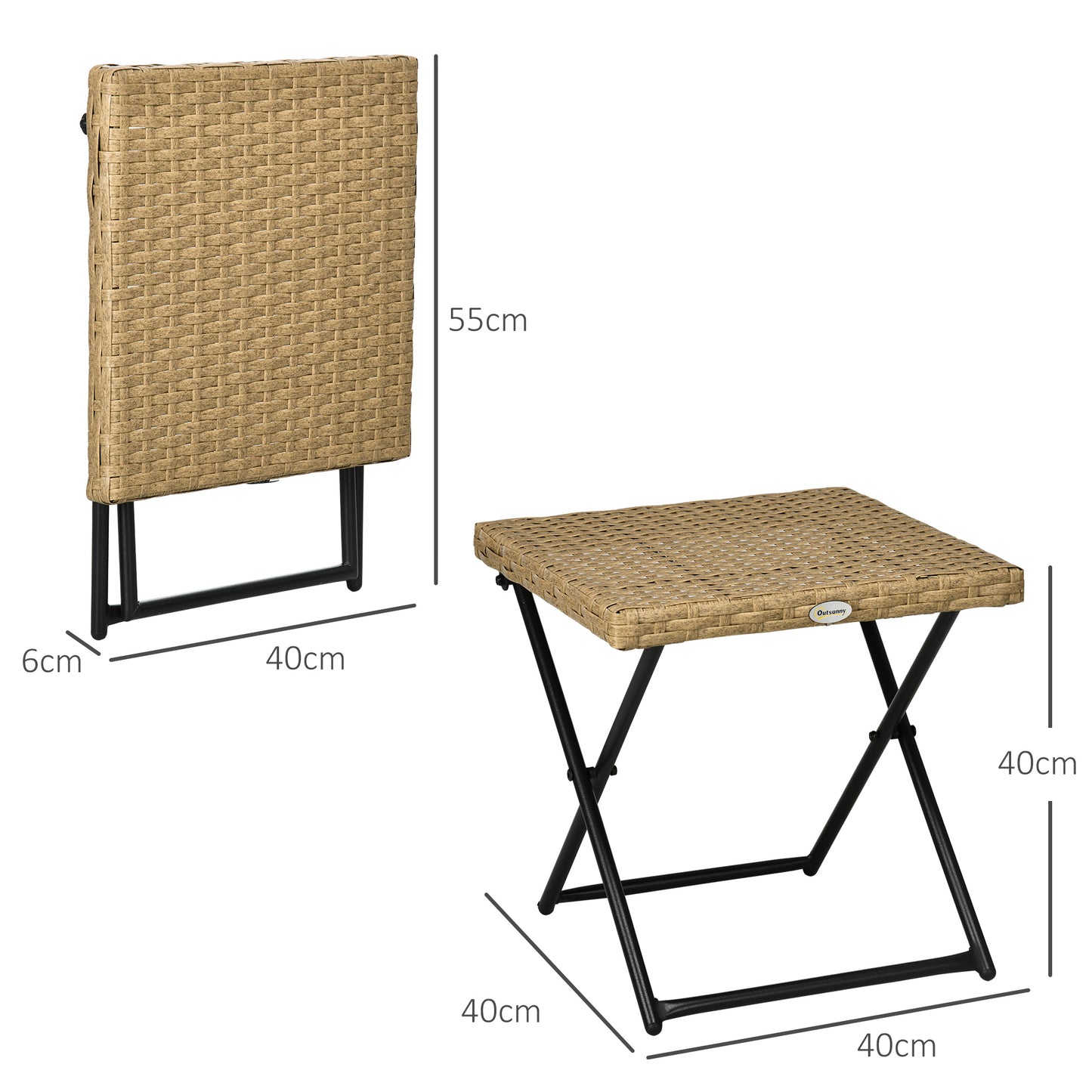 Outsunny Balkontisch aus Polyrattan, klappbar, Stahlrahmen, leicht zu reinigen, 40 x 40 x 40 cm, natur