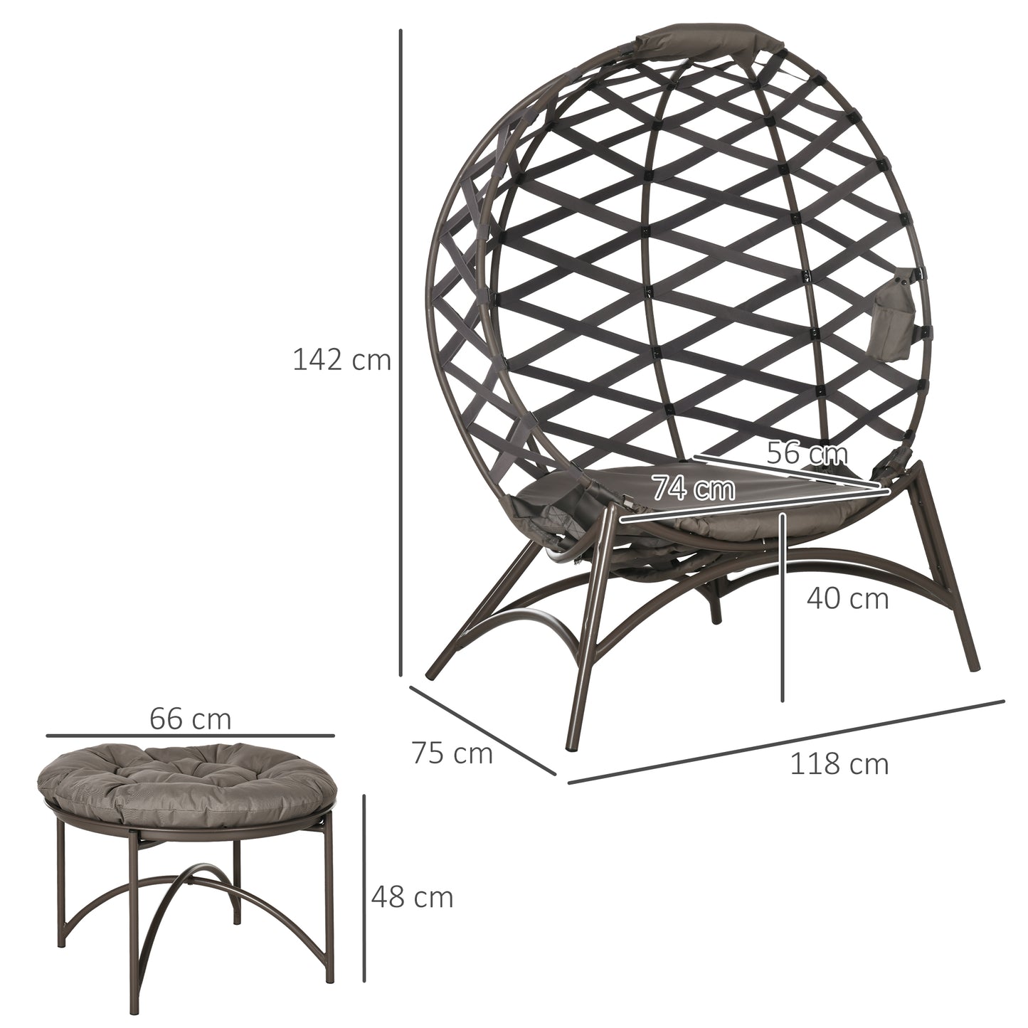 Outsunny tuinstoelenset, 2-delig, kruk/bijzettafel, groot zitkussen, stalen frame, kleur: zand, 118 x 75 x 142 cm