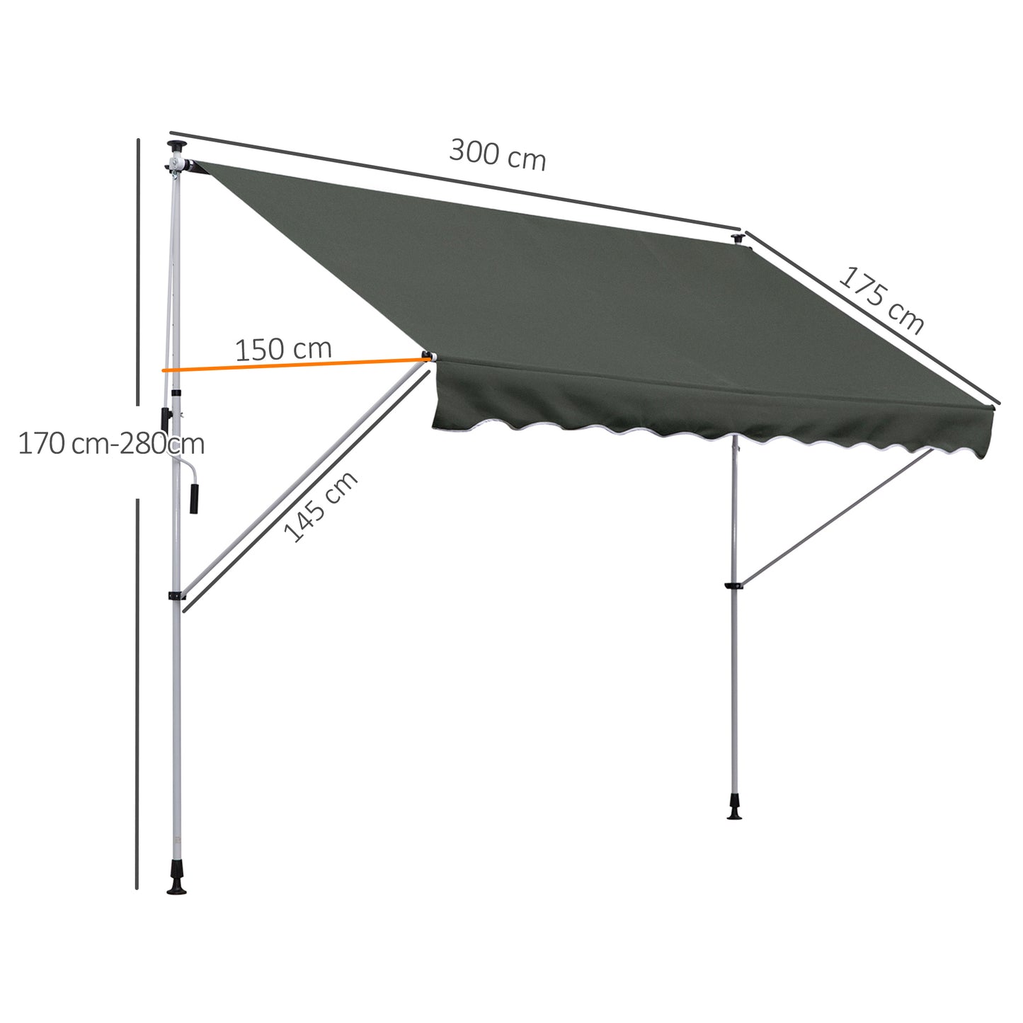 Outsunny klemzonnescherm met handslinger, in hoogte verstelbaar, knikarmzonnescherm, vuilafstotend, weerbestendig, balkonzonnescherm, 150 cm breed, terraszonnescherm voor terras, balkon, veranda, grijs