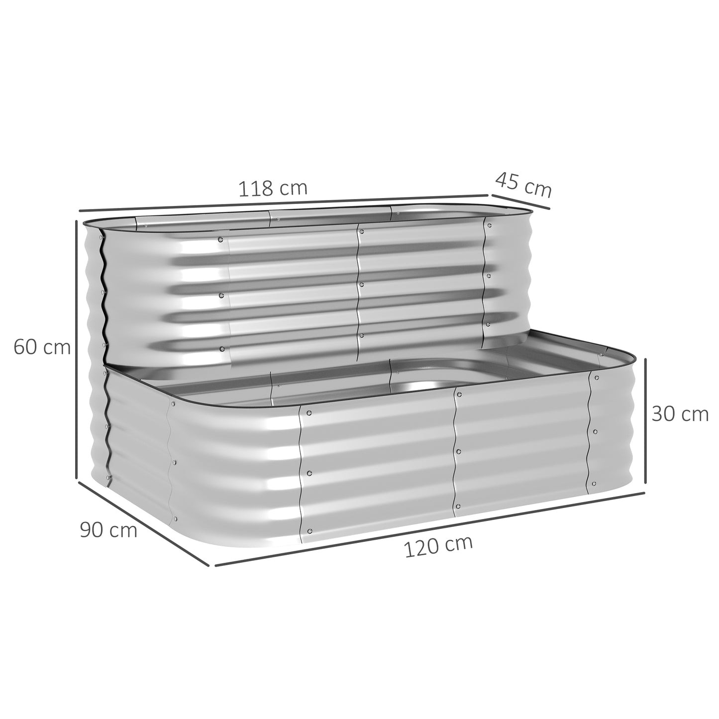 Outsunny metalen verhoogde tuinbak, 2 niveaus, weerbestendig, open onderkant, 120 x 90 x 30 cm, kleur: zilver