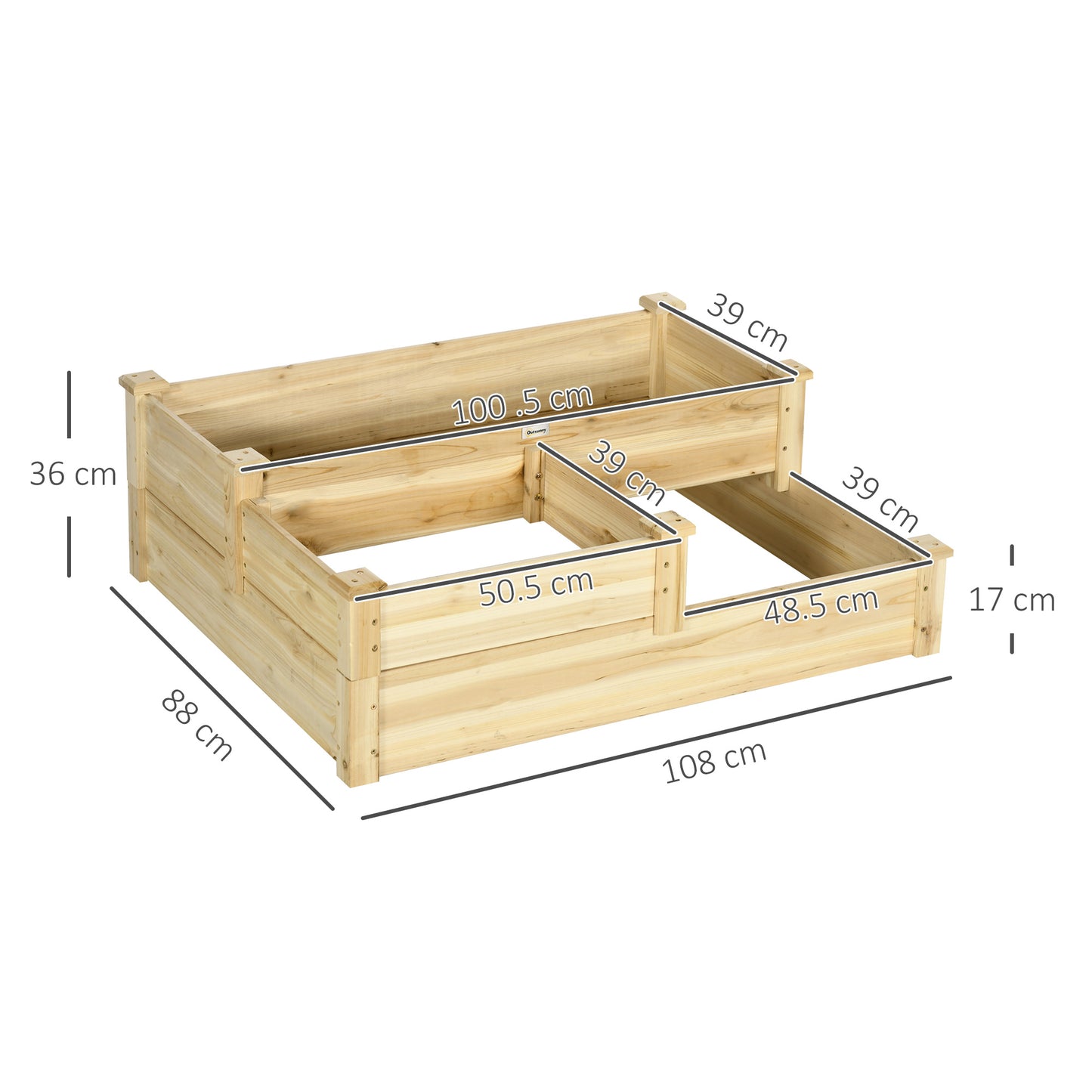 Verhoogde tuinbak van Outsunny met 3 plantenbakken, 3-laags ontwerp, open basis, 108 cm x 88 cm x 36 cm, natuurlijk