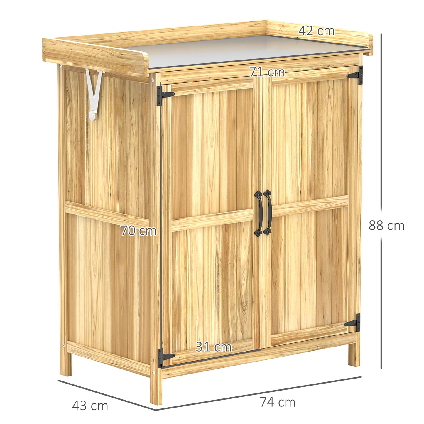 Outsunny tuinhuis, gereedschapsschuur voor buiten met werkblad, hout en roestvrij staal, dubbele deuren, natuurlijk hout
