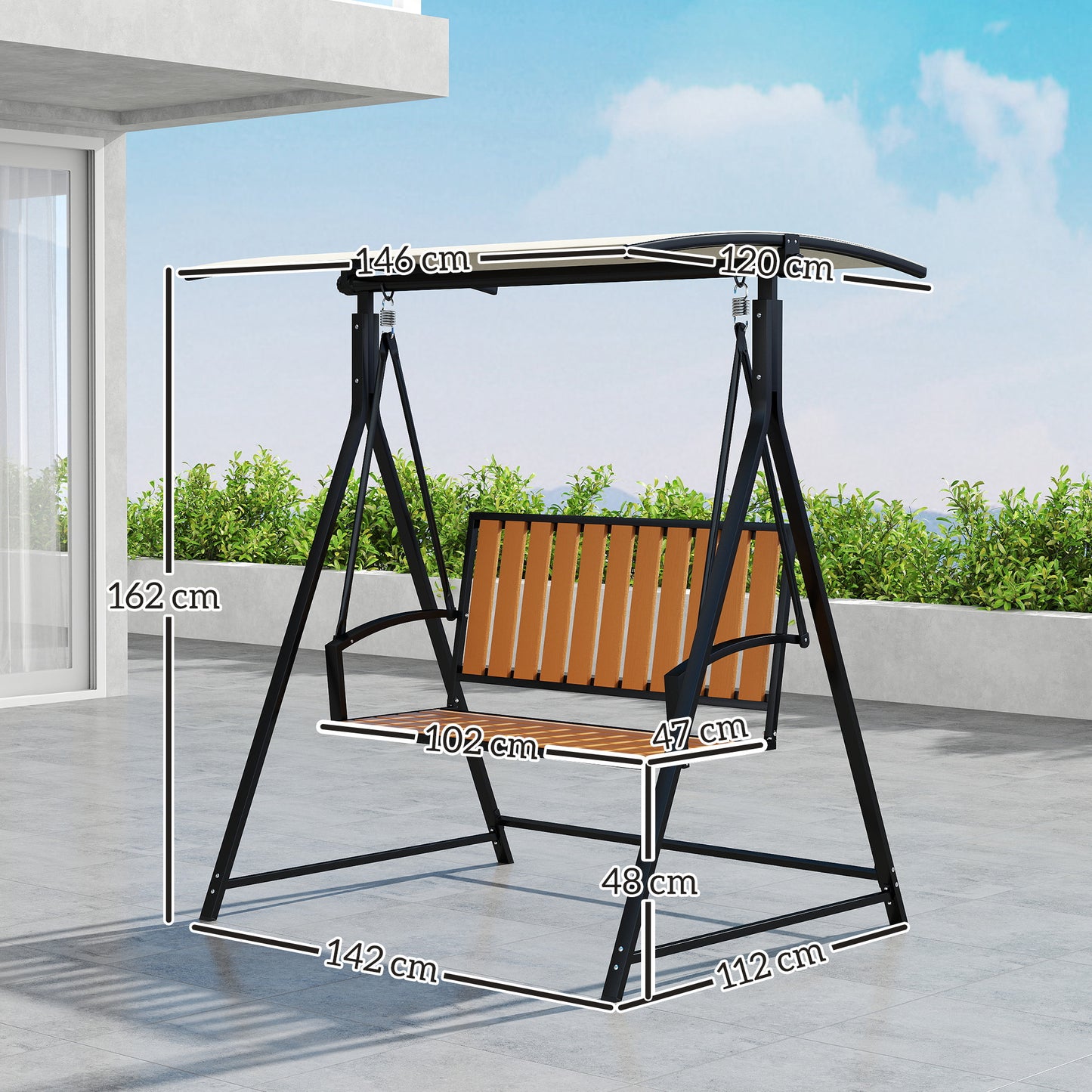 Outsunny Hollywood schommel met verstelbare parasol, 2-zits tuinschommel 142 x 112 x 162 cm, zwart
