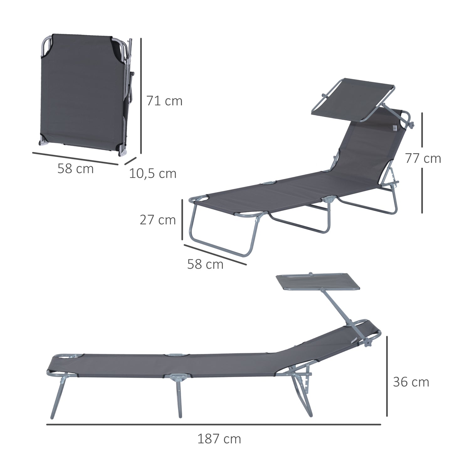 Outsunny Opvouwbare ligstoel, Tuinligstoel met zonnescherm, Wellnessligstoel met 4-standen verstelbare rugleuning, Strandligstoel, Draagt ??tot 120 kg, Geschikt voor tuin, balkon en zwembad, 6 kleuren (grijs)