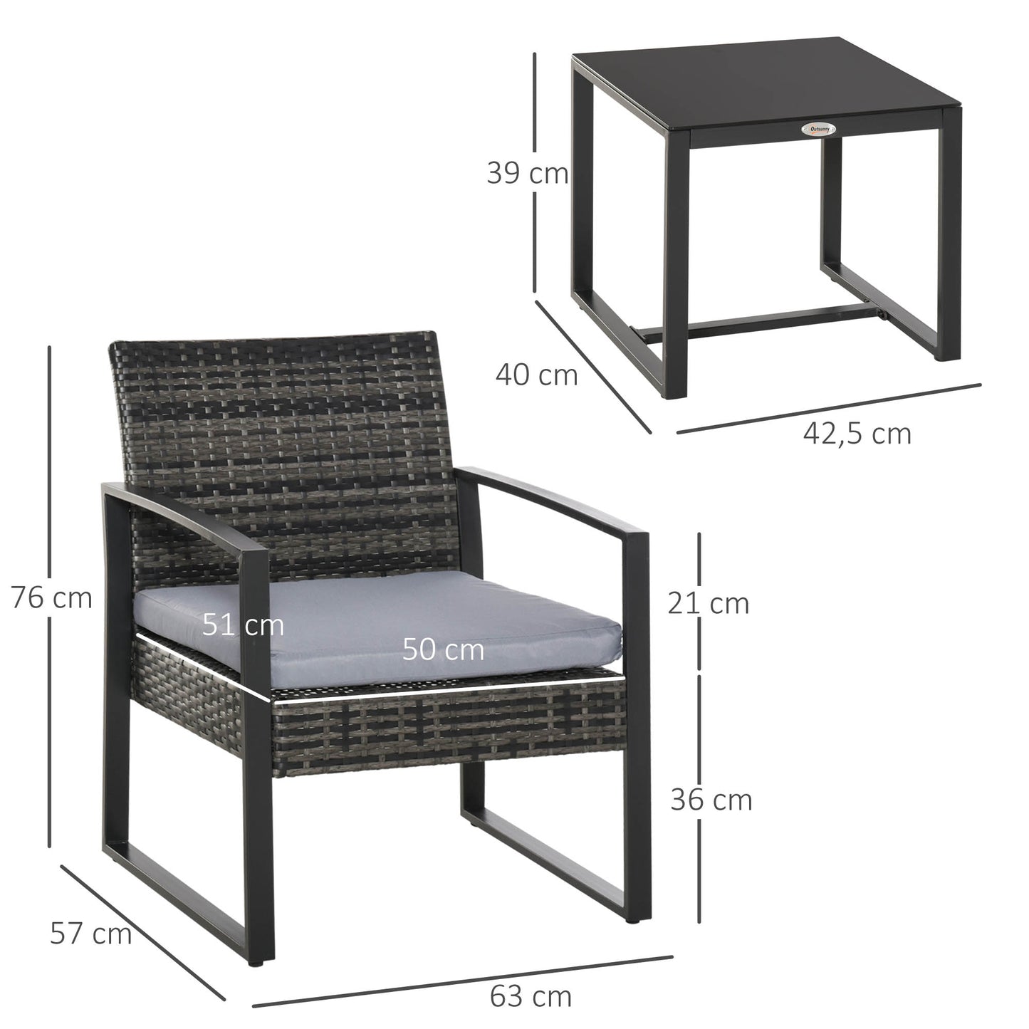 Outsunny Rattan-Gartenmöbelset für 2 Personen, Polyrattan-Gartenmöbelset, Balkonmöbelset mit Kissen, Gartengrau