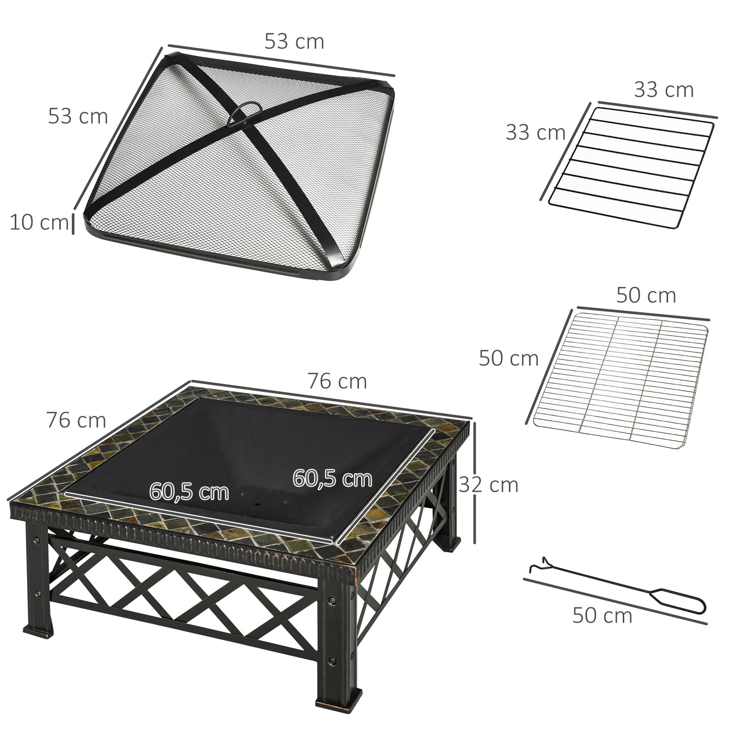 Outsunny 3-in-1 Feuerschale, Feuerkorb mit Funkenschutzgitter, Grillrost, Eisbehälter, Gartengrill, schwarz, 76 cm x 76 cm x 47 cm