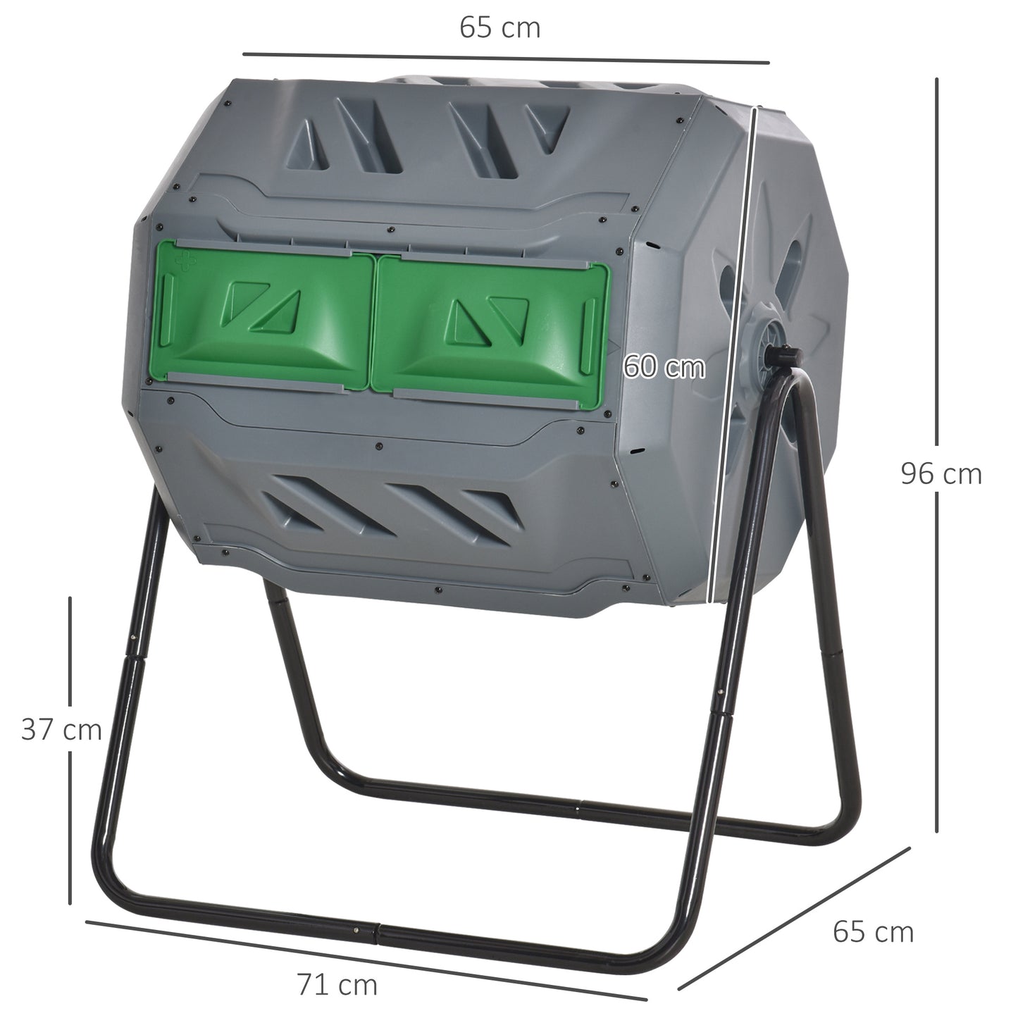 Outsunny compostbak met 2 compartimenten, inhoud 160 liter, draaibaar, 71 cm x 65 cm x 96 cm, grijs + groen + zwart
