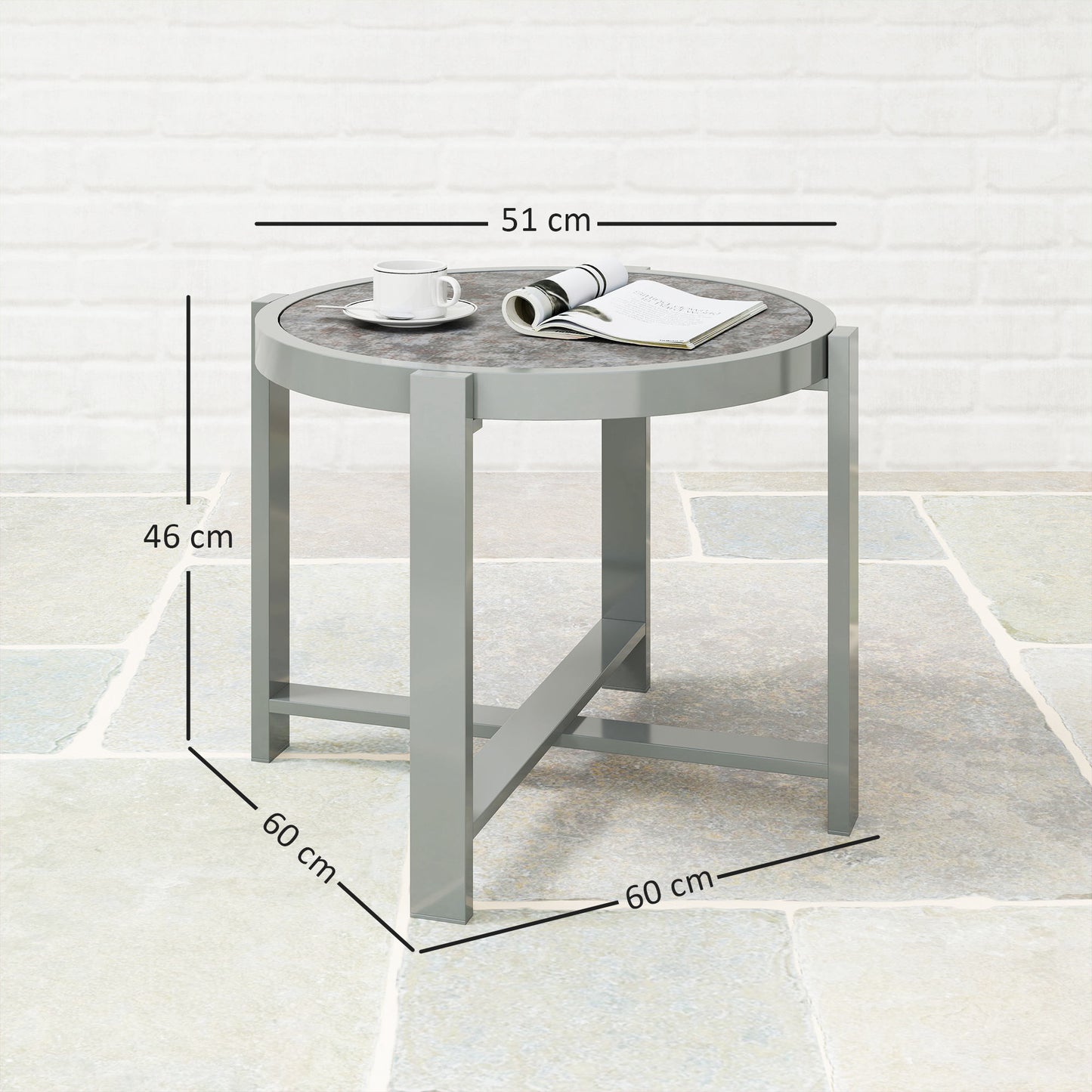 Outsunny Bijzettafel Tuintafel Rond Weerbestendig Aluminium Balkontafel met Marmerlook Grijs