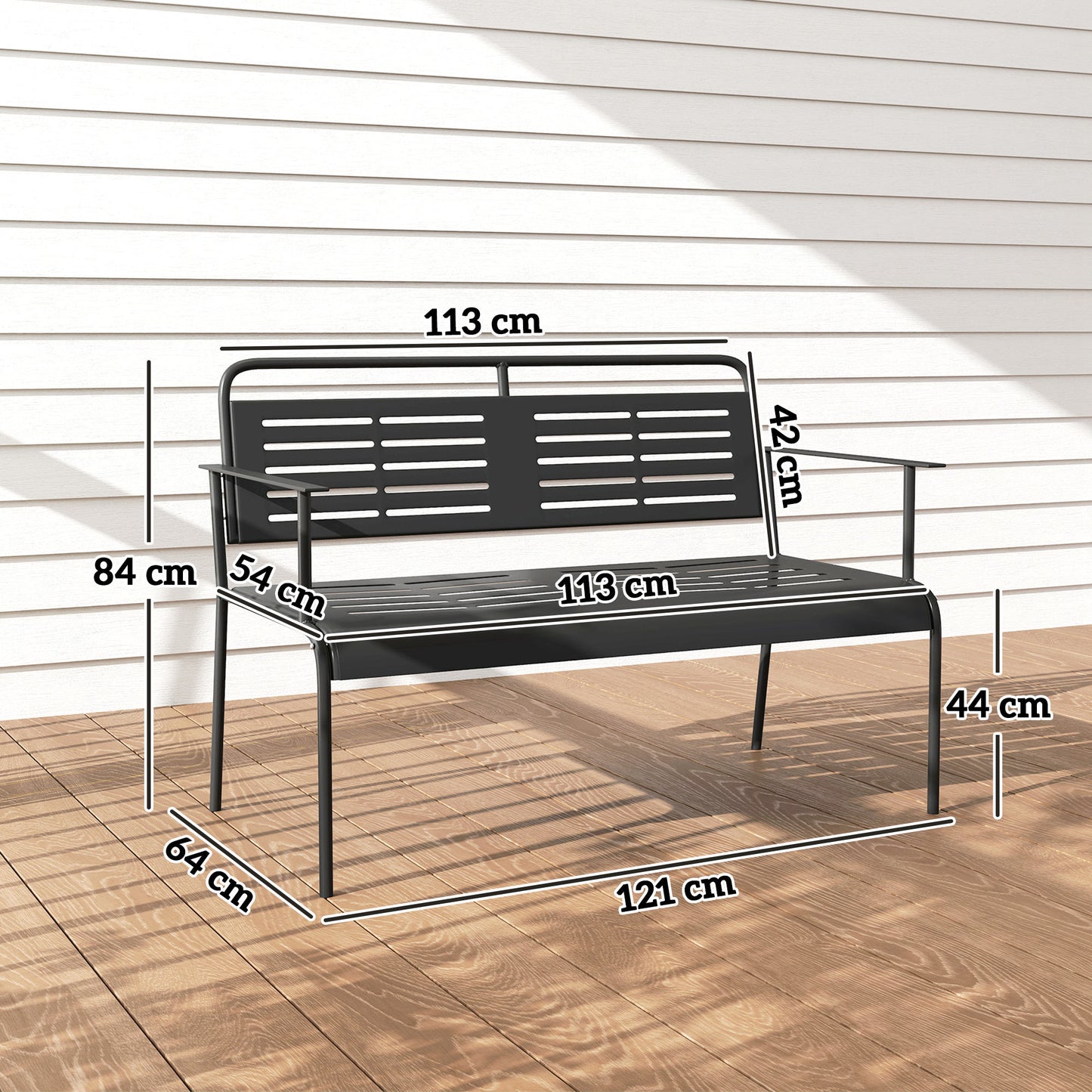 Outsunny 3-Sitzer-Gartenbank, wetterfeste Bank, wasserabweisende Gartenmöbel mit Rücken- und Armlehnen, 121 x 64 x 84 cm, schwarz