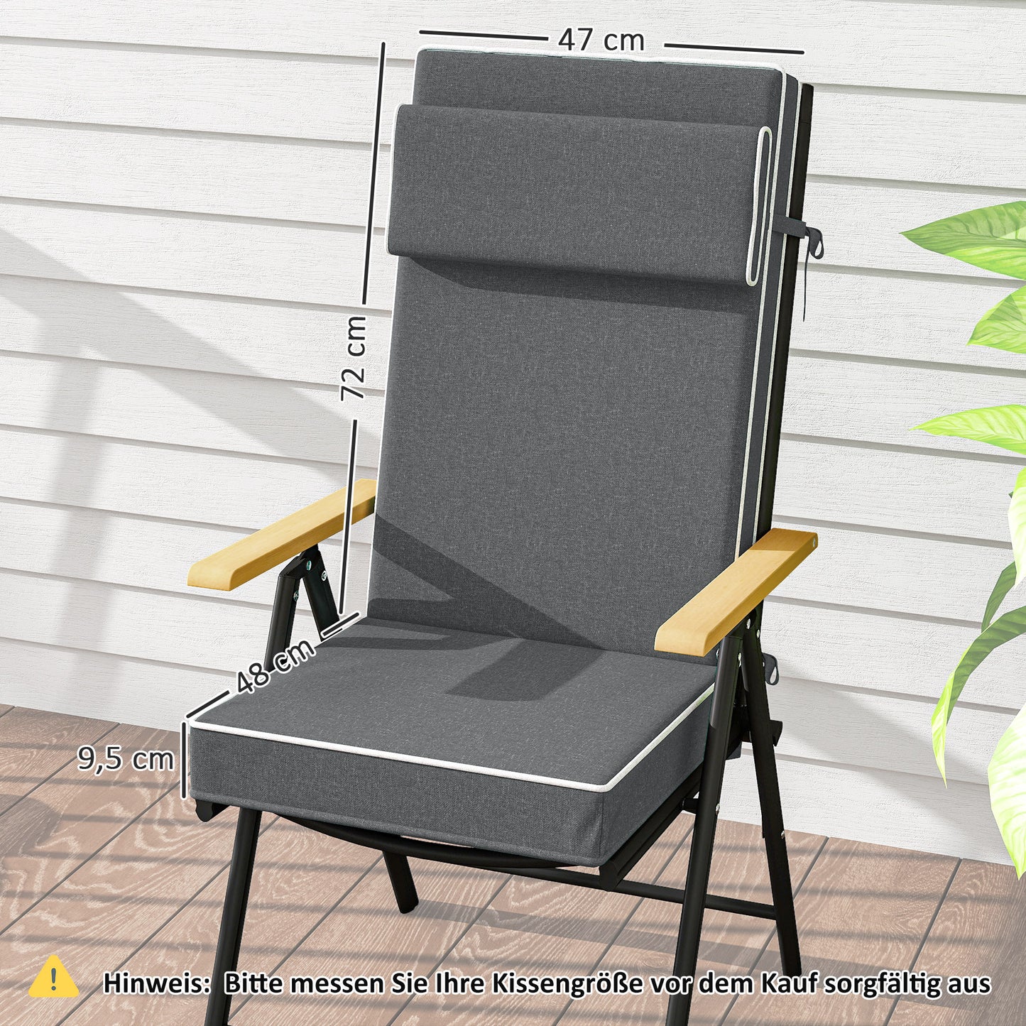 Outsunny Zitkussen 120 x 47 x 9,5 cm Waterafstotend Stoelkussen met Strikken, Hoofdsteun, UPF50+ Donkergrijs