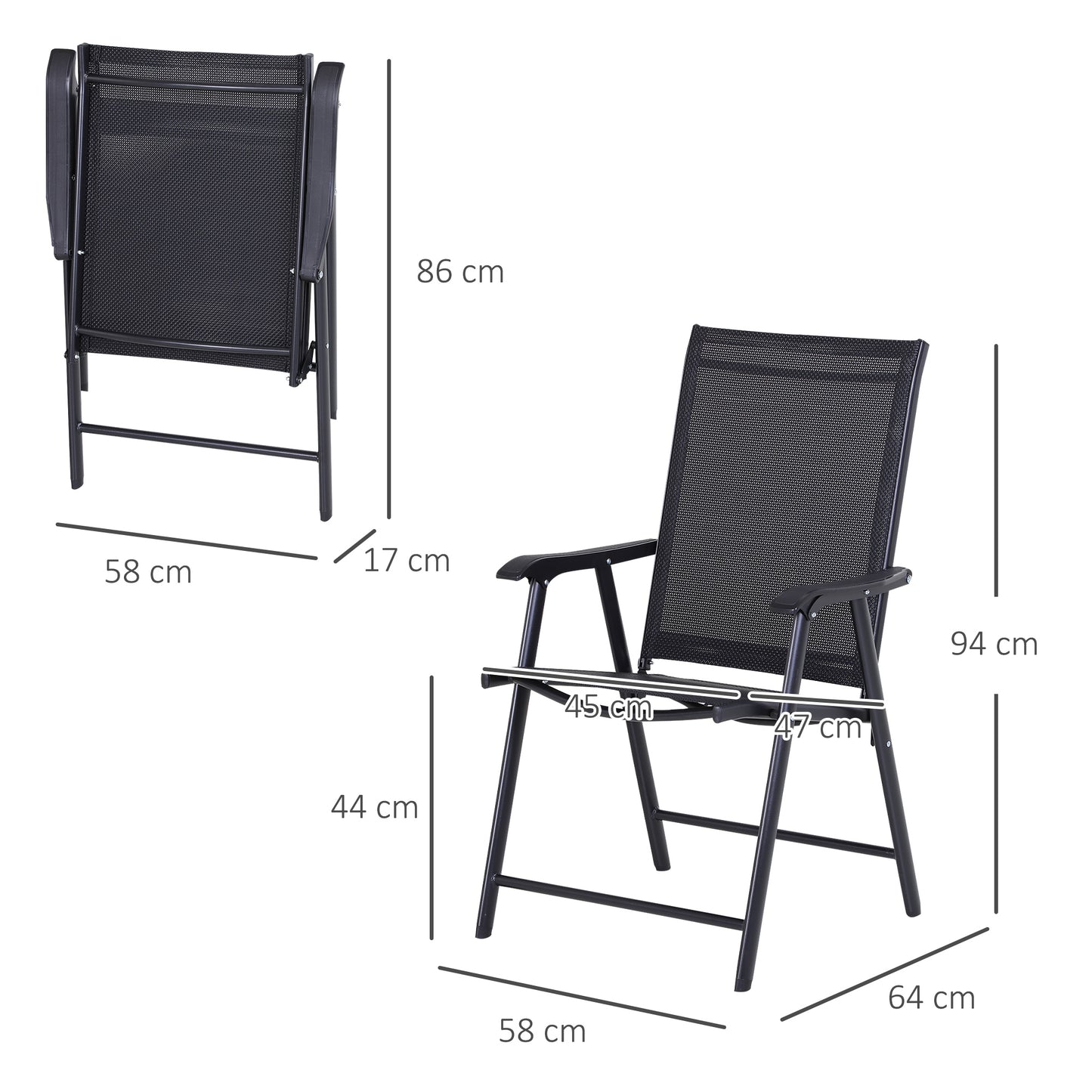 Outsunny opvouwbare stoel met armleuningen, set van 2, kampeerstoel, visstoel, metaal, zwart, 58 x 64 x 94 cm