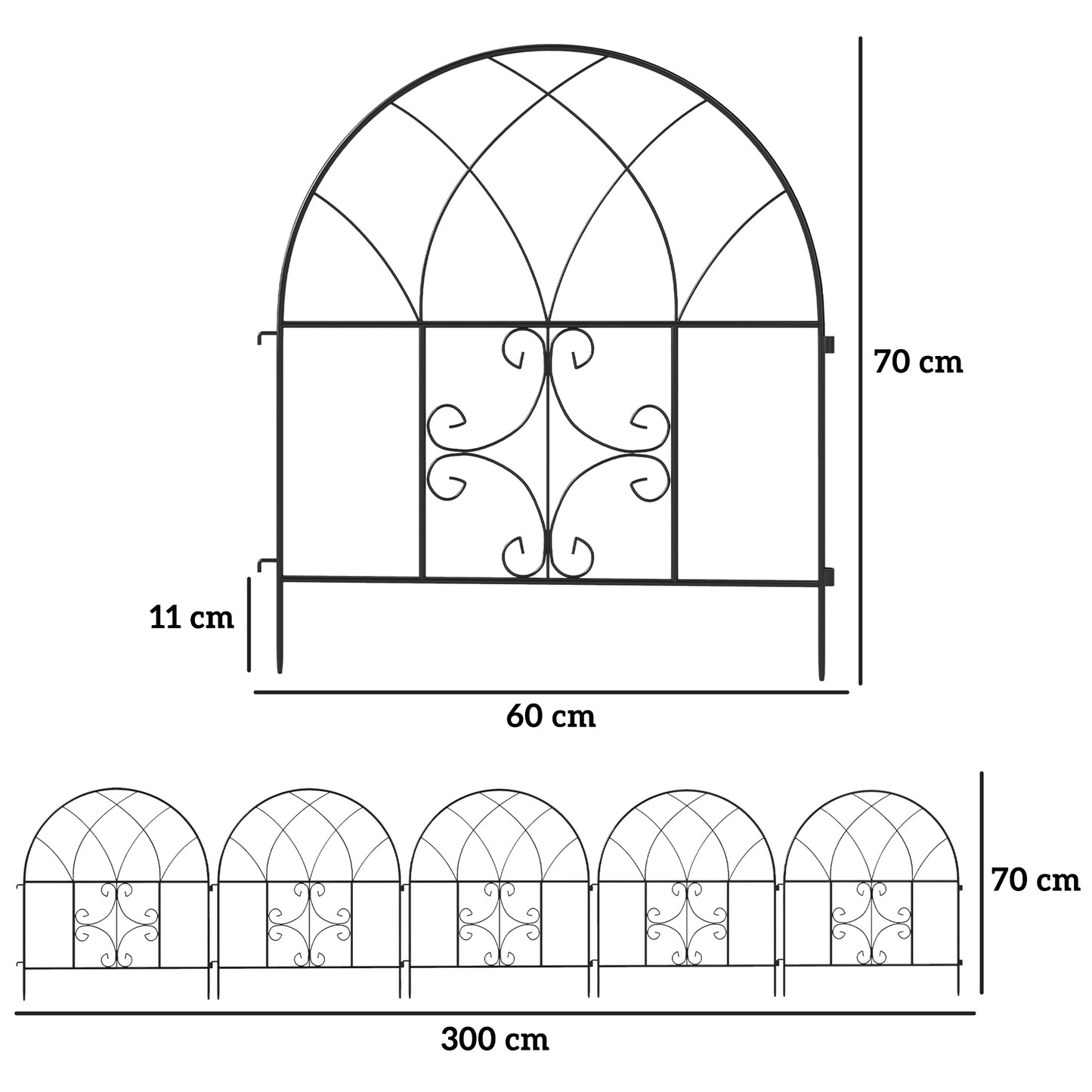Outsunny Gartenzaun, Stahl, 300 cm x 70 cm hoch, Dekoratives Maschendrahtzaun-Set, Zaunelemente, Schwarz