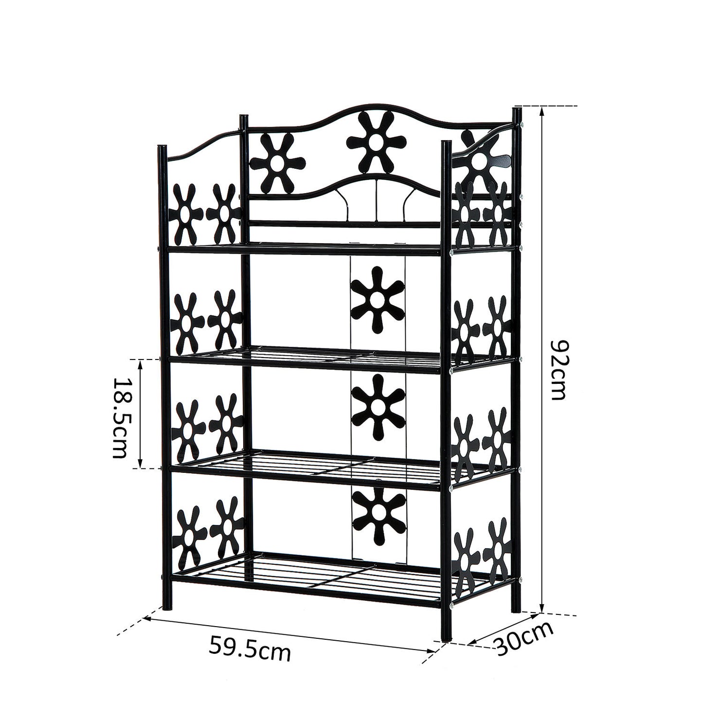 HOMCOM Klein schoenenrek, ruimtebesparend bloemenrek, plantenstandaard, vrijstaande plank, 4 niveaus, metaal, zwart, 59,5 x 30 x 92 cm