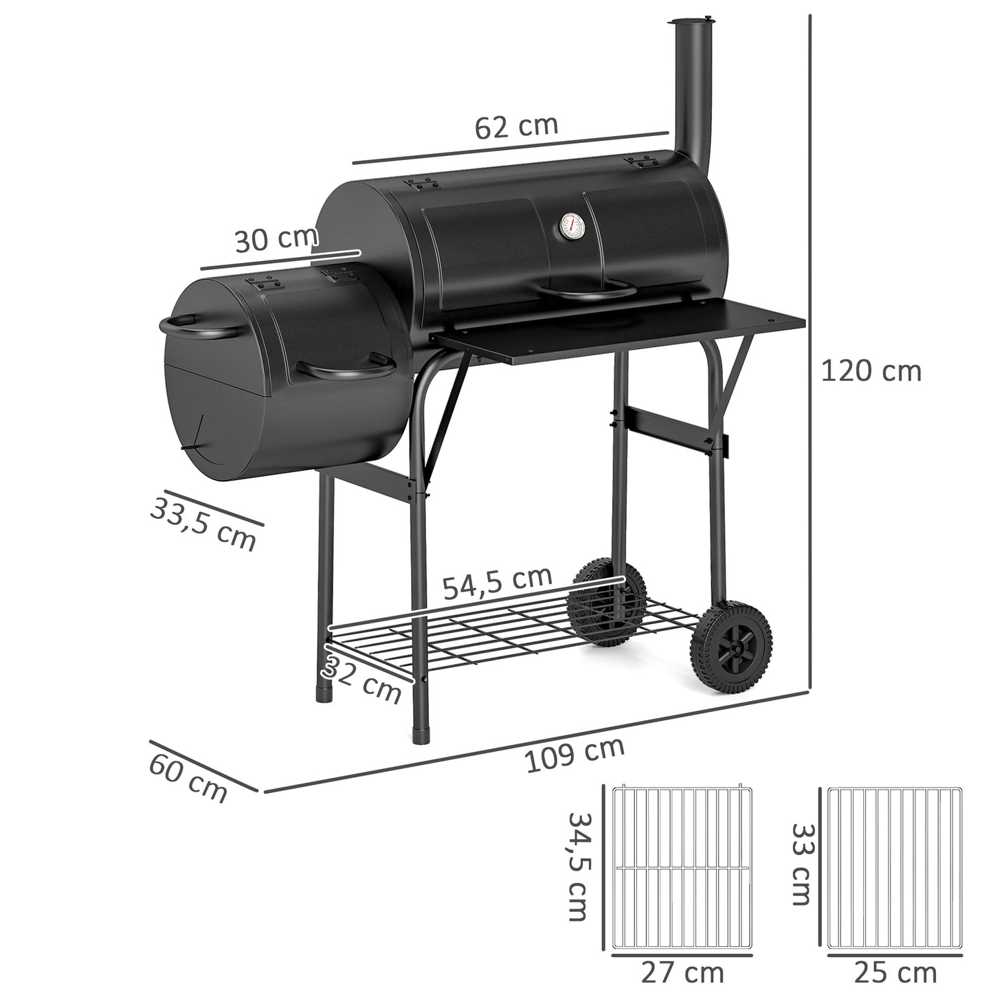 Outsunny Stahl-Holzkohlegrill/Smoker mit Deckel, Thermometer, Rädern, Lufteinlass und Holzkohleschale