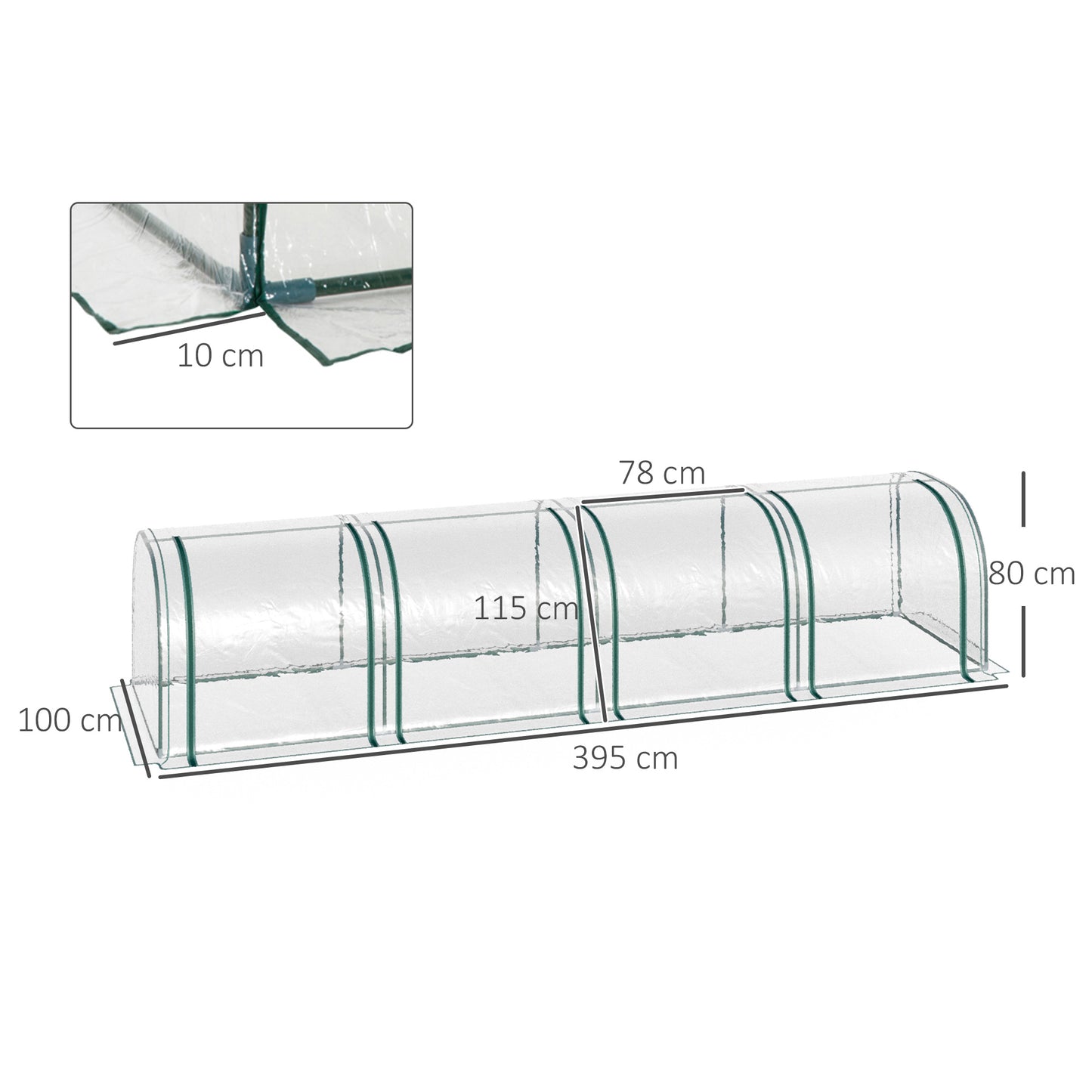 Outsunny Tunnelgewächshaus, 4 Fenster mit Reißverschlüssen, Stahlrahmen, robustes Gewebe, transparent, 395 x 100 x 80 cm