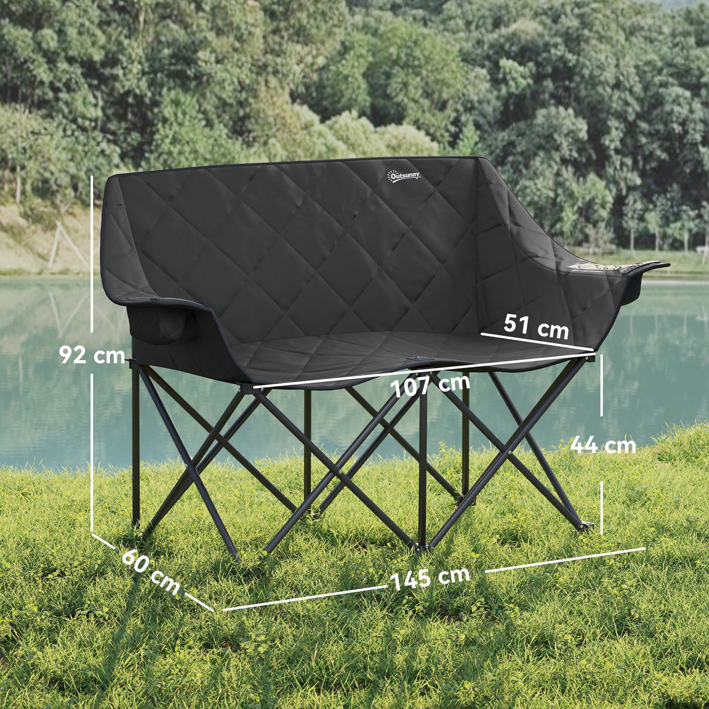 Outsunny Klappstuhl, faltbarer 2-Sitzer-Campingstuhl mit Tragetasche, für den Außenbereich, Tragkraft bis 250 kg, 145 x 60 x 92 cm, schwarz